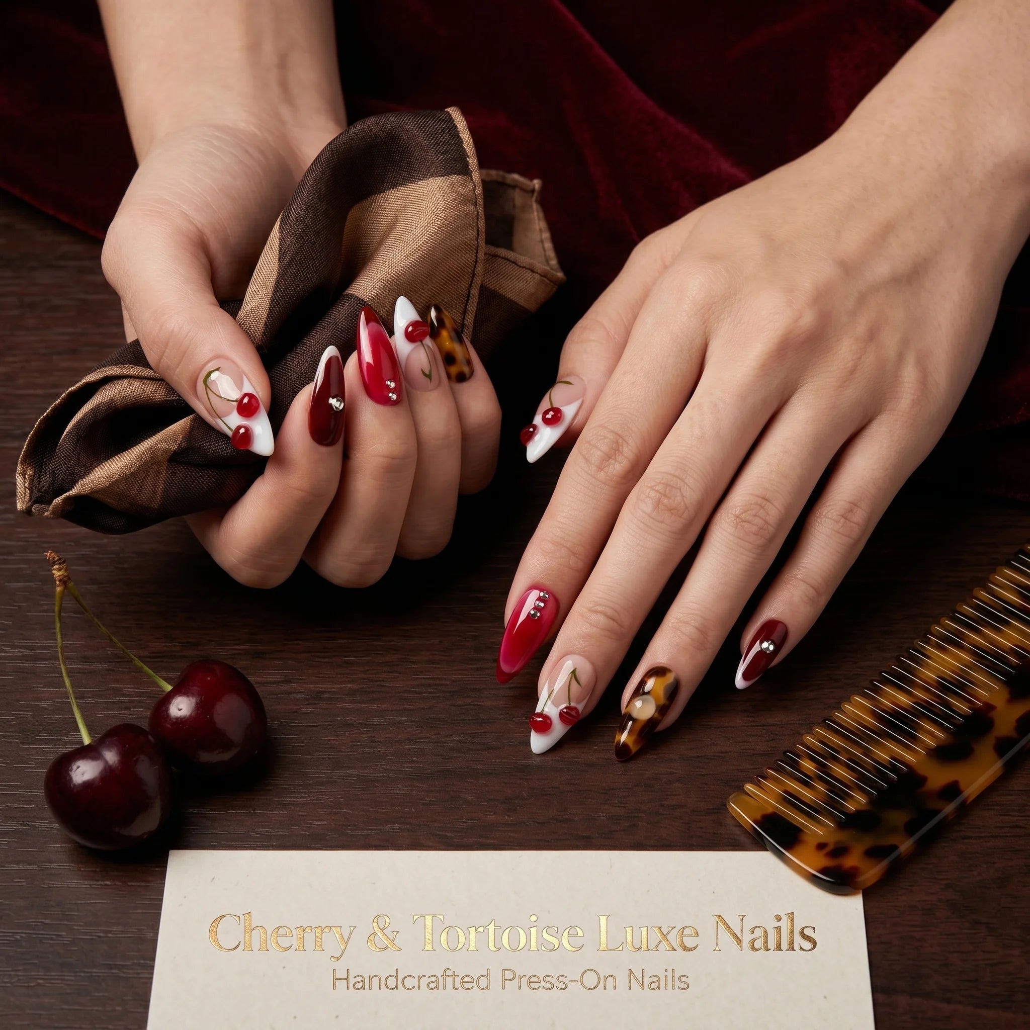 Kentrim Cherry & Tortoise Medium Almond Press On Nails - 10 Pieces (Single Size)