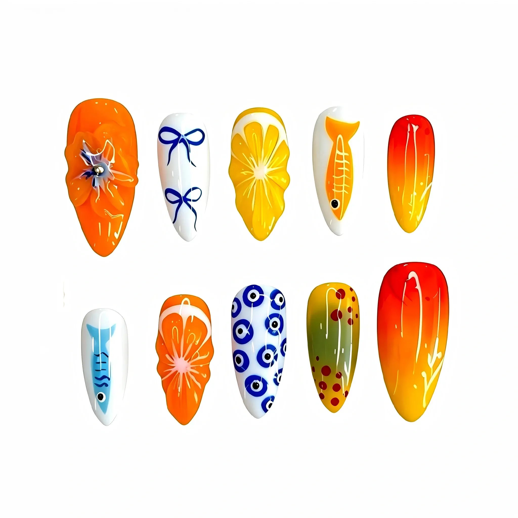 Citrus Press On Nails – Coastal Mix Almond Design 10 Pieces (Single Size) Secondary image