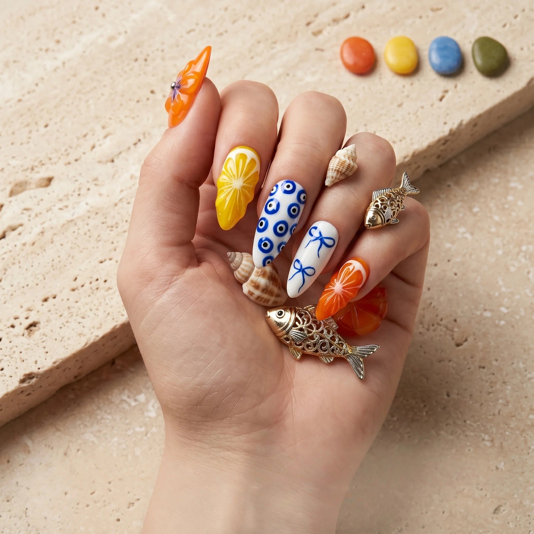 Kentrim Citrus & Coastal Mix Medium Almond Press On Nails- 10 Pieces (Single Size) Secondary image