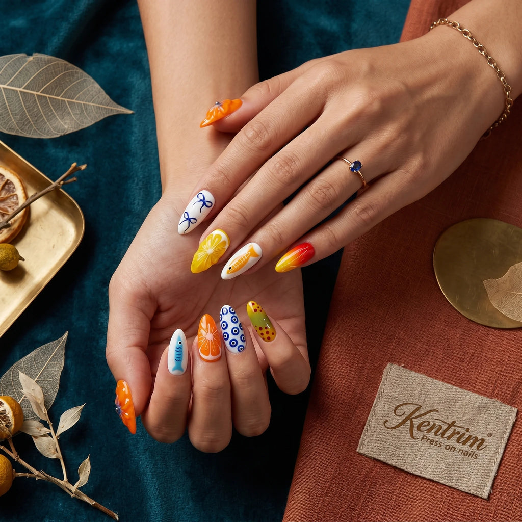 Kentrim Citrus & Coastal Mix Medium Almond Press On Nails- 10 Pieces (Single Size)
