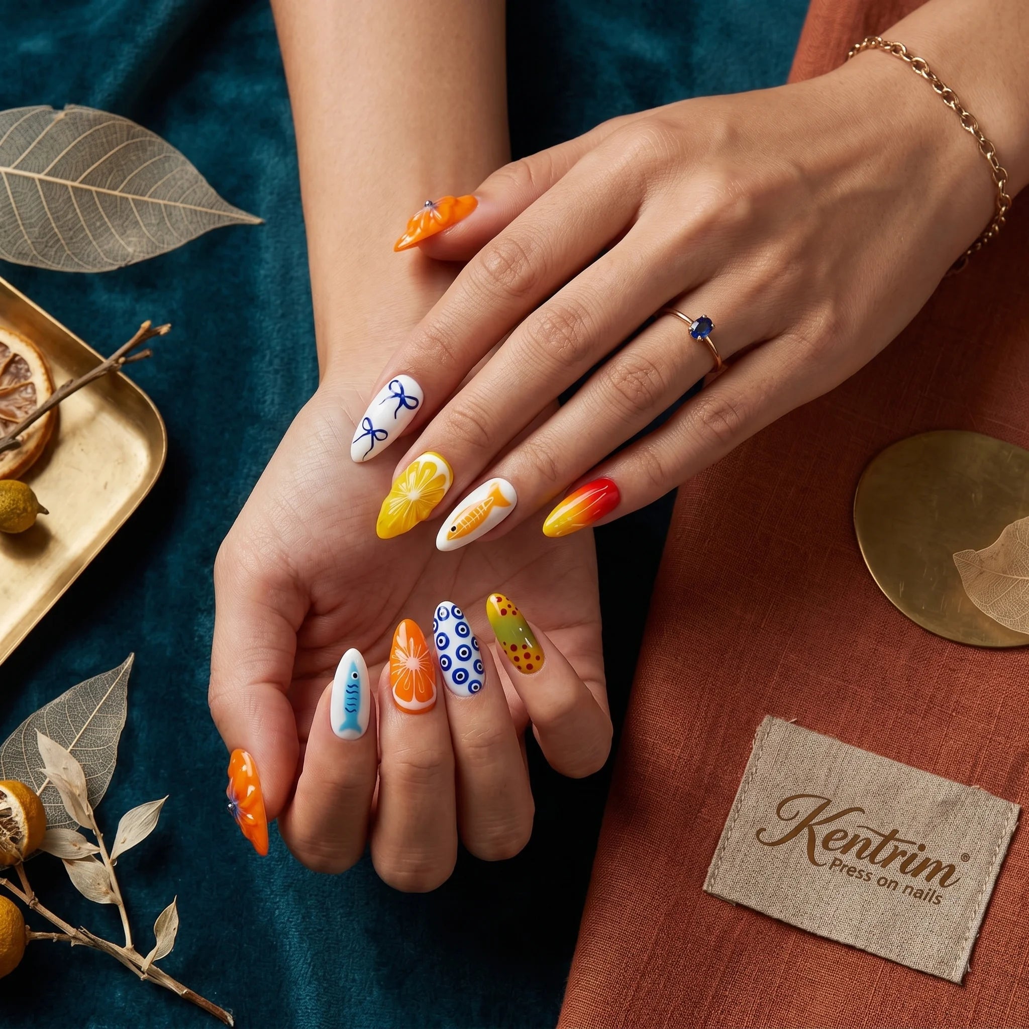 Kentrim Citrus & Coastal Mix Medium Almond Press On Nails- 10 Pieces (Single Size)
