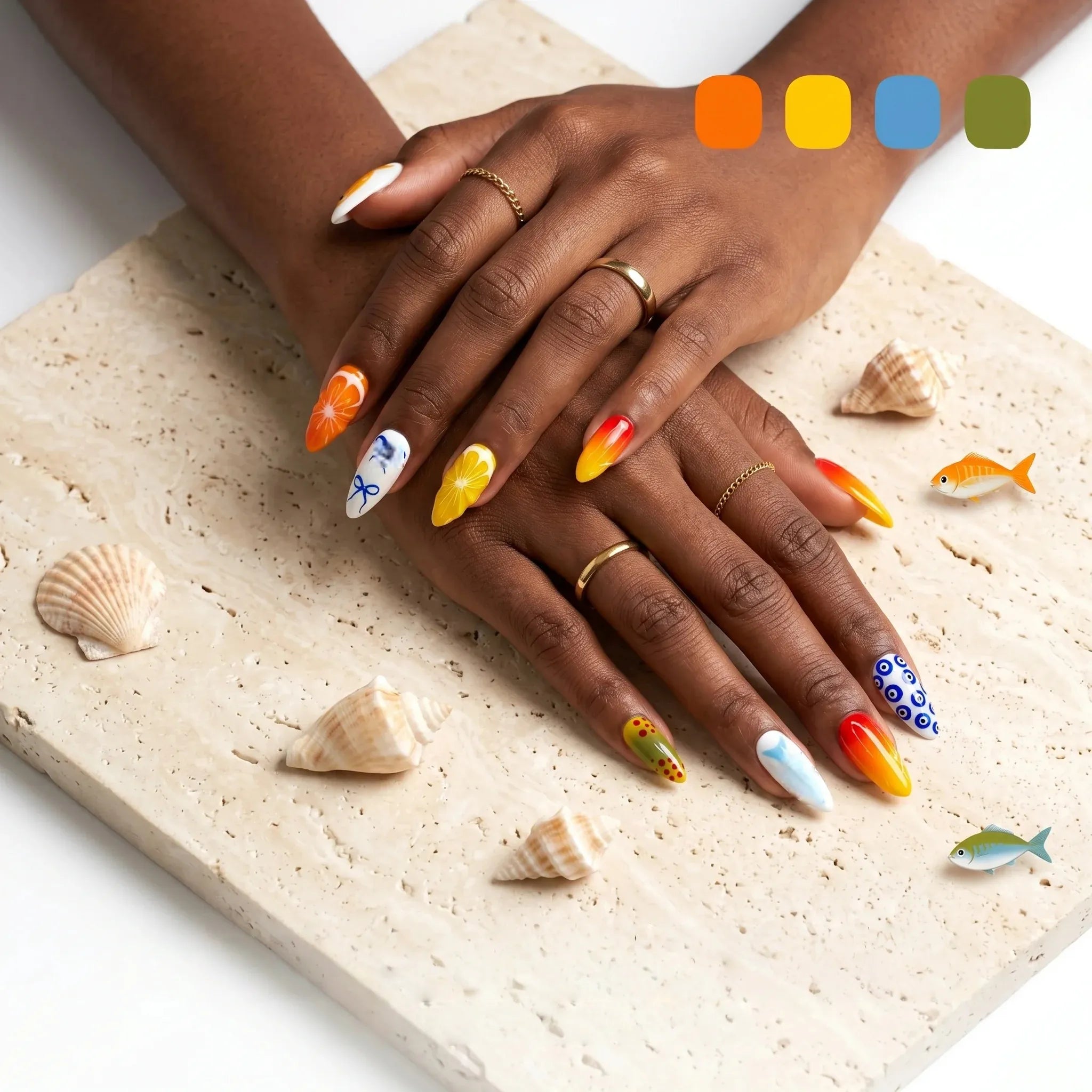 Kentrim Citrus & Coastal Mix medium almond press on nails with multicolor bases, citrus, fish, evil eye accents, 10-piece set Main image