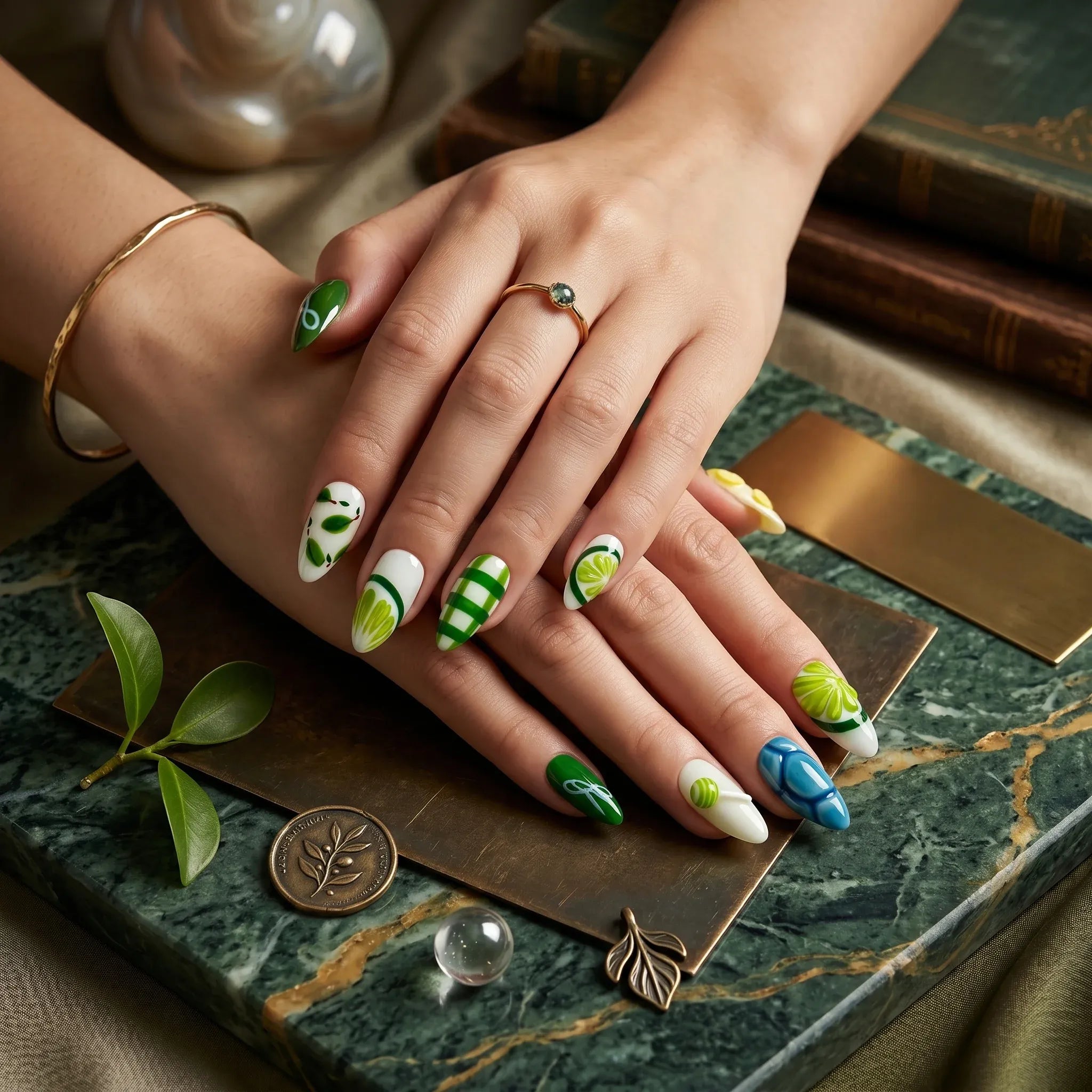 Kentrim Citrus Green Medium Almond Press On Nails- 10 Pieces (Single Size)