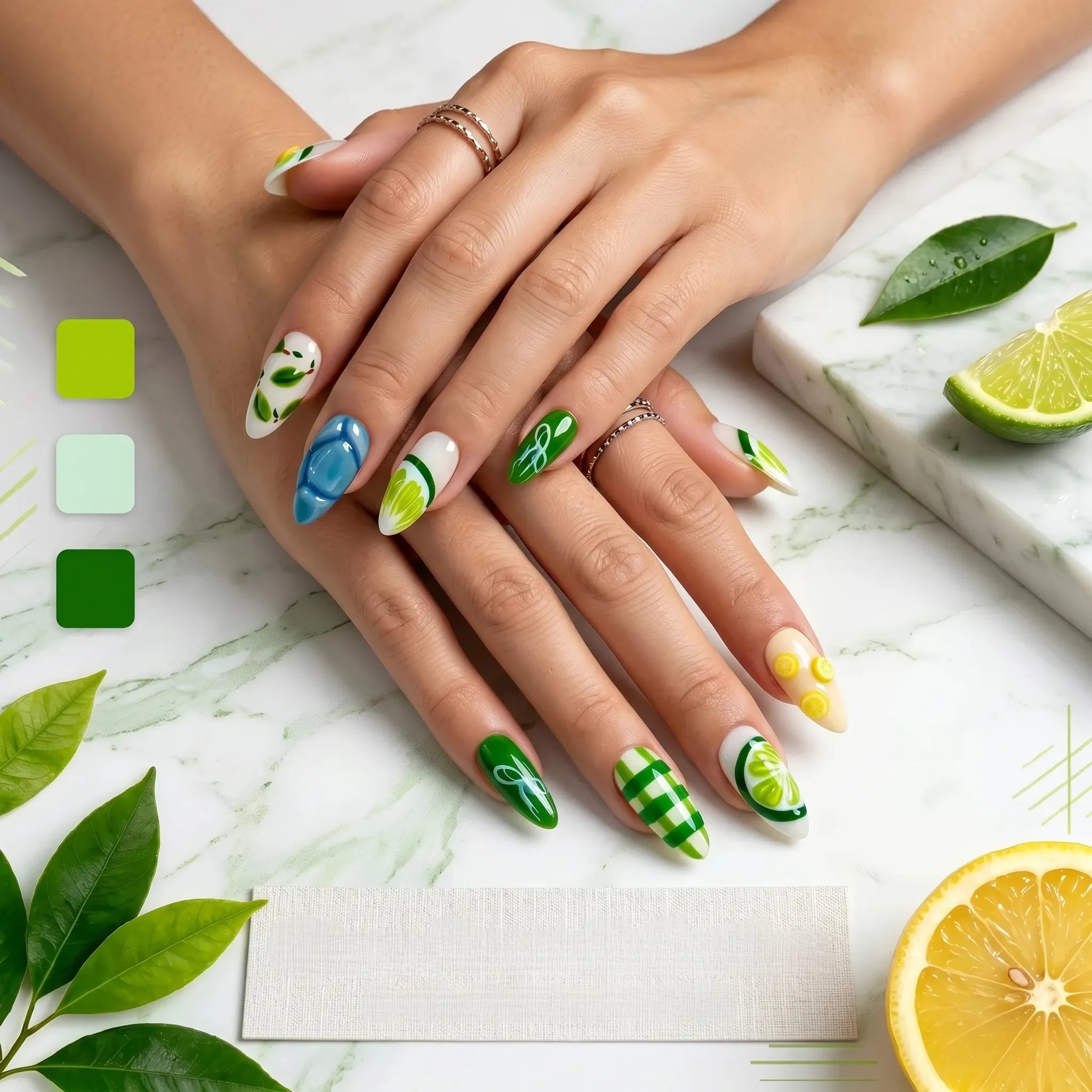 Kentrim Citrus Green Medium Almond Press On Nails with lime, lemon, leaf accents, 10-piece set, single size, vibrant and stylish. Main image