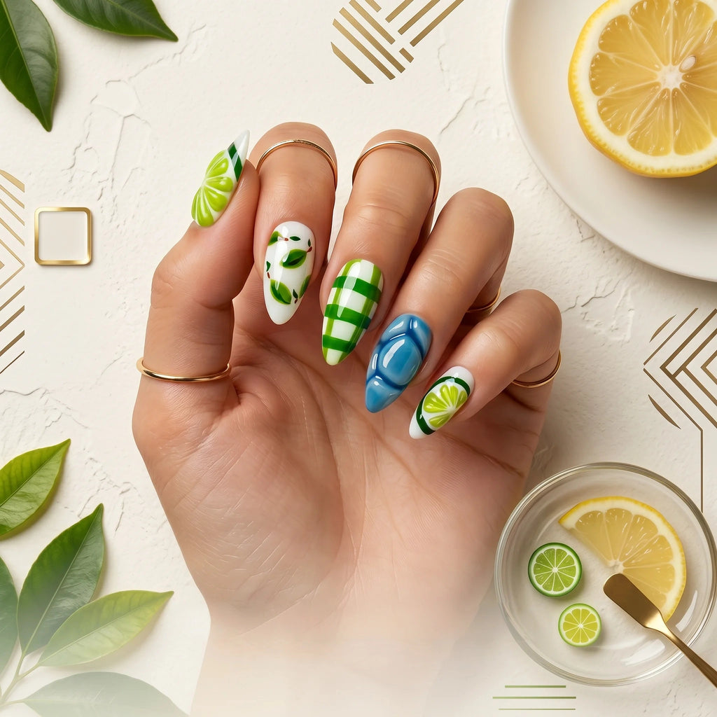 Kentrim Citrus Green Medium Almond Press On Nails- 10 Pieces (Single Size)