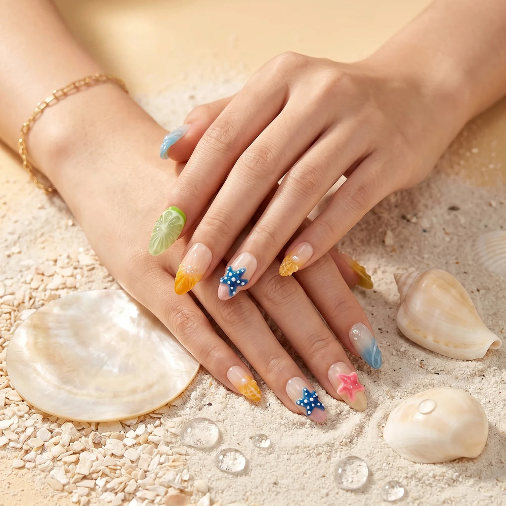 Kentrim Citrus & Sea Blossom Medium Almond Press On Nails- 10 Pieces (Single Size)