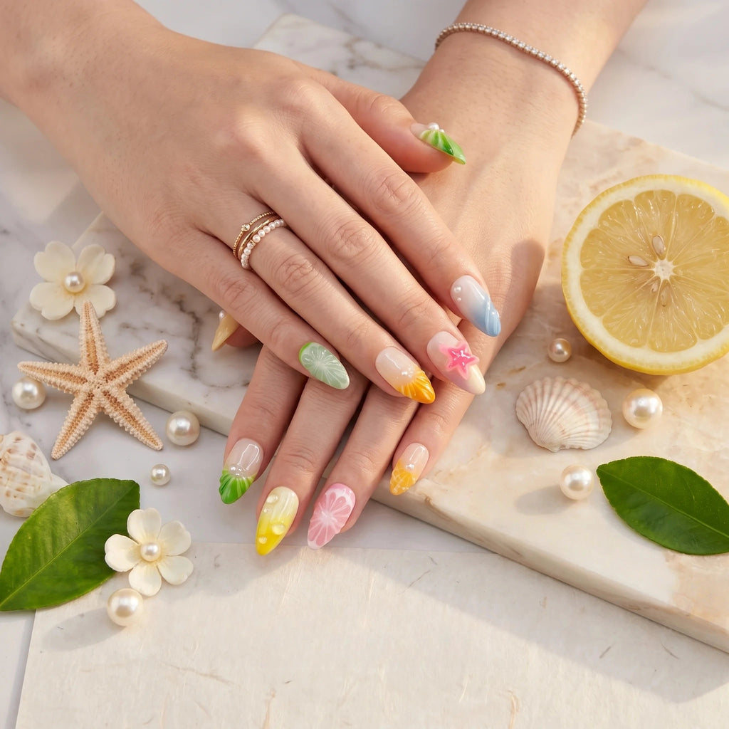 Kentrim Citrus & Sea Blossom Medium Almond Press On Nails- 10 Pieces (Single Size)