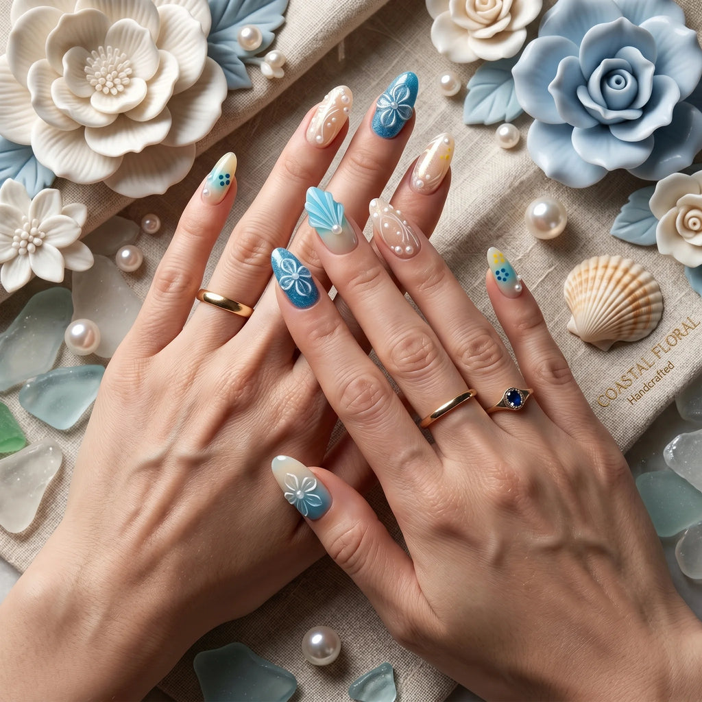 Kentrim Coastal Floral Medium Almond Press On Nails- 10 Pieces (Single Size)