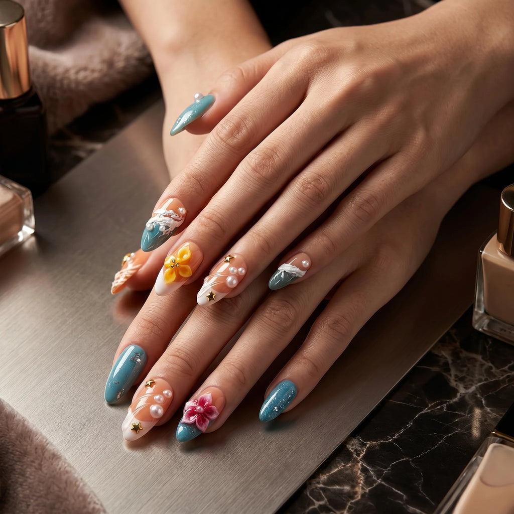 Kentrim Coastal Floral Medium Almond Press On Nails- 10 Pieces (Single Size)