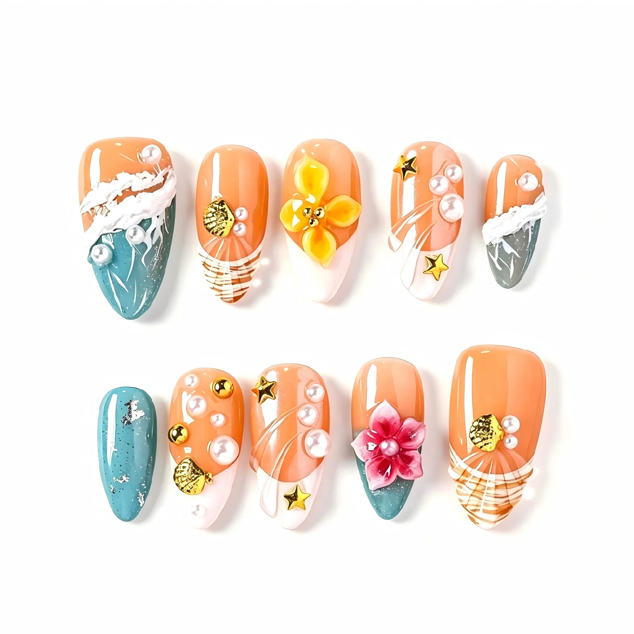 Kentrim Coastal Floral Medium Almond Press On Nails- 10 Pieces (Single Size) Main image