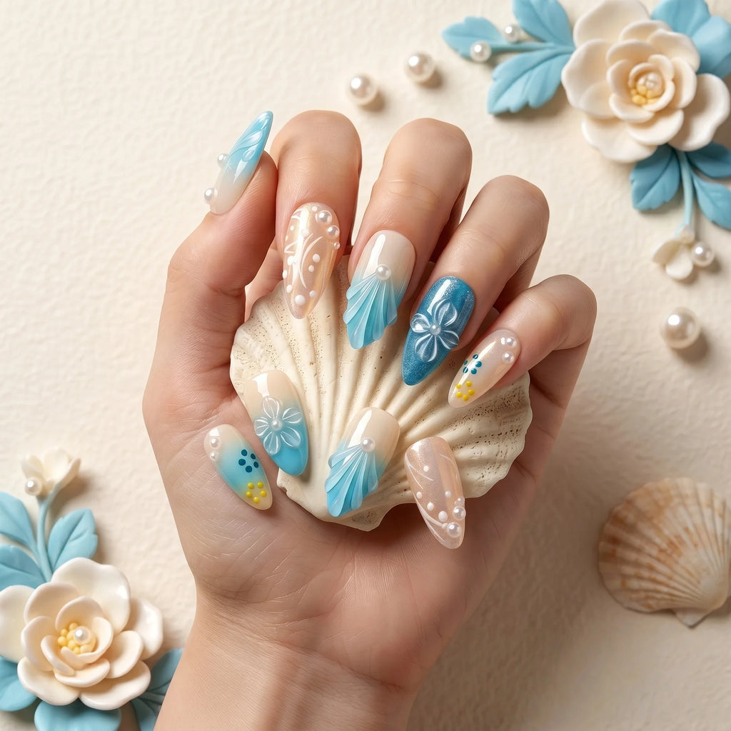 Kentrim Coastal Floral Medium Almond Press On Nails- 10 Pieces (Single Size)