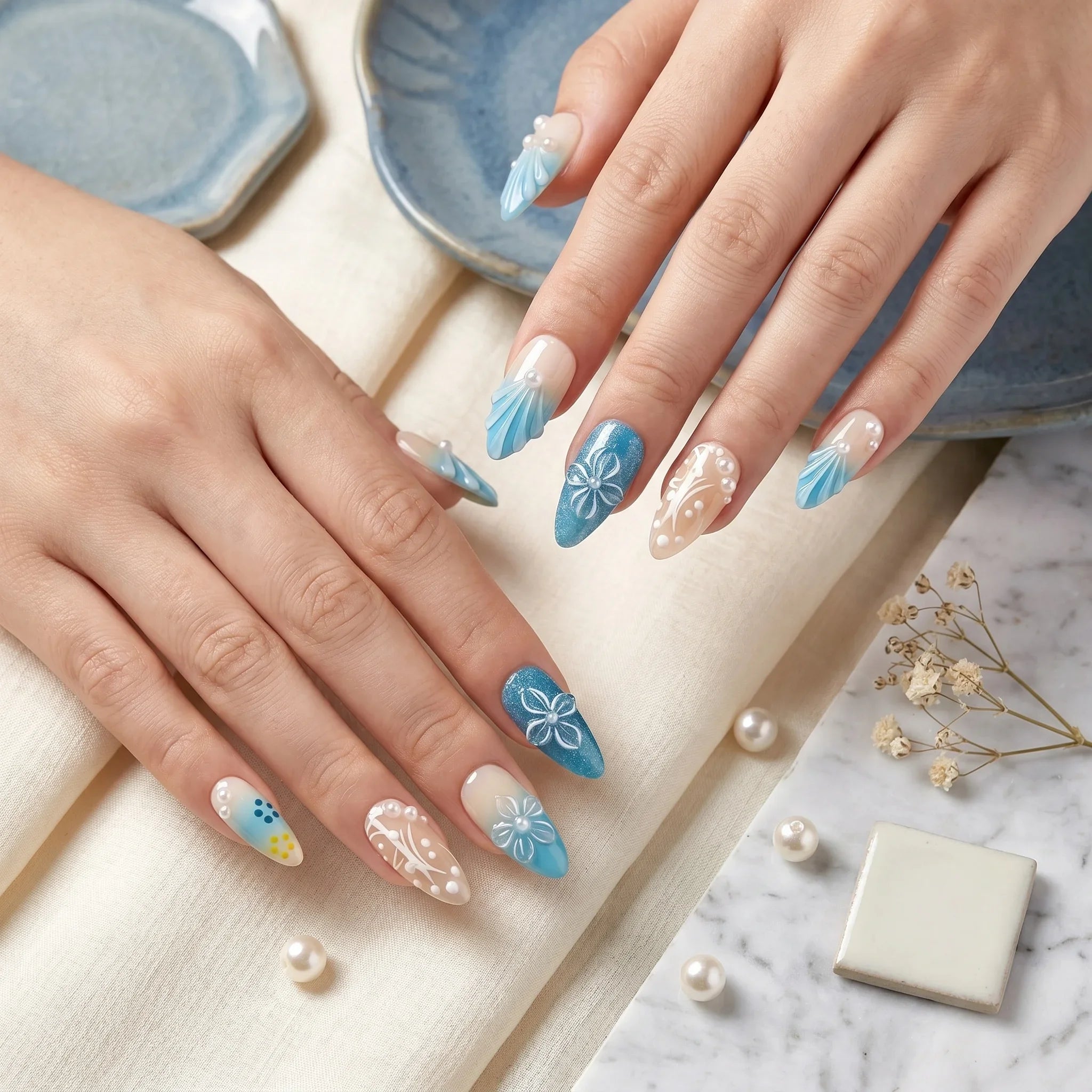 Kentrim Coastal Floral Medium Almond Press On Nails- 10 Pieces (Single Size) Secondary image