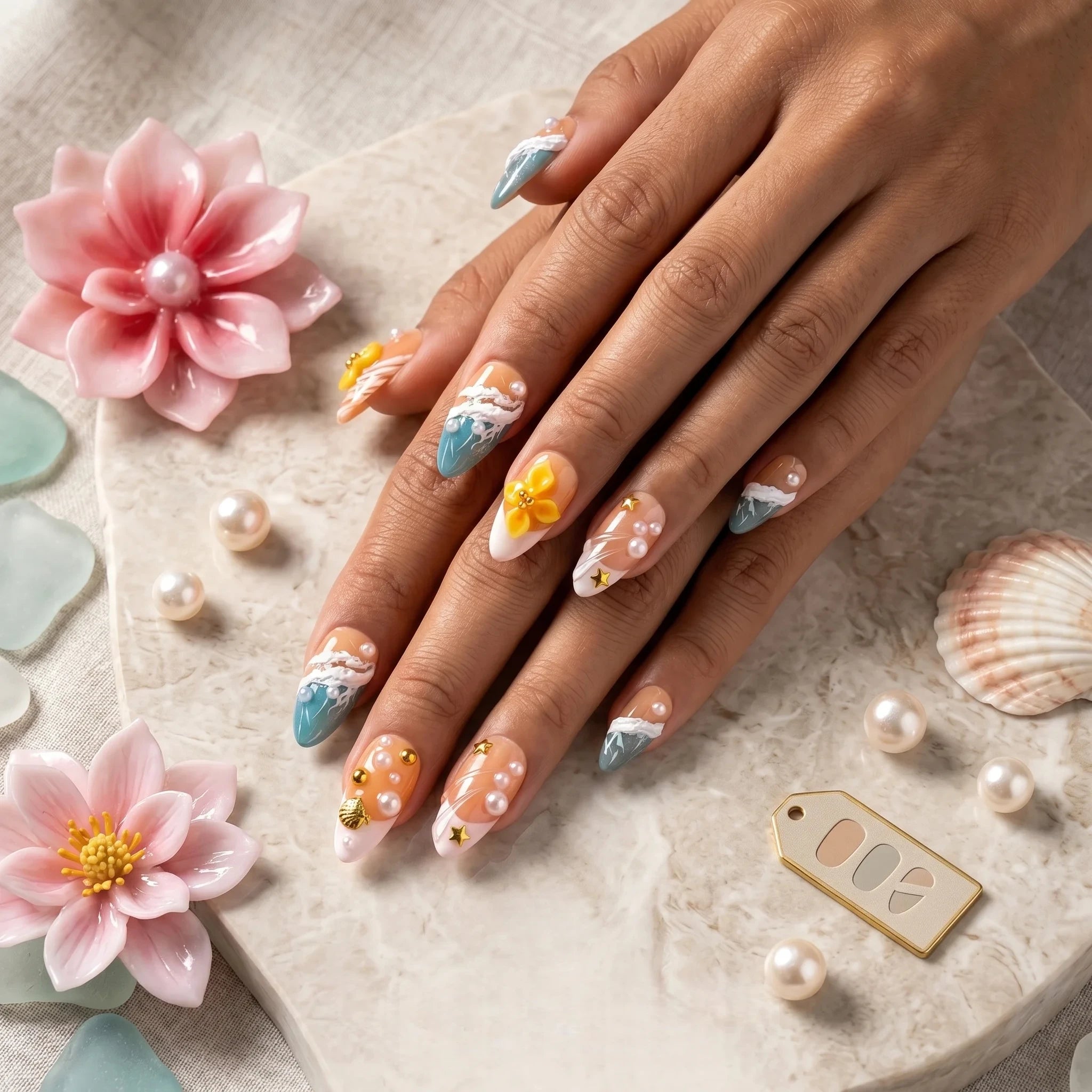Kentrim Coastal Floral Medium Almond Press On Nails- 10 Pieces (Single Size)