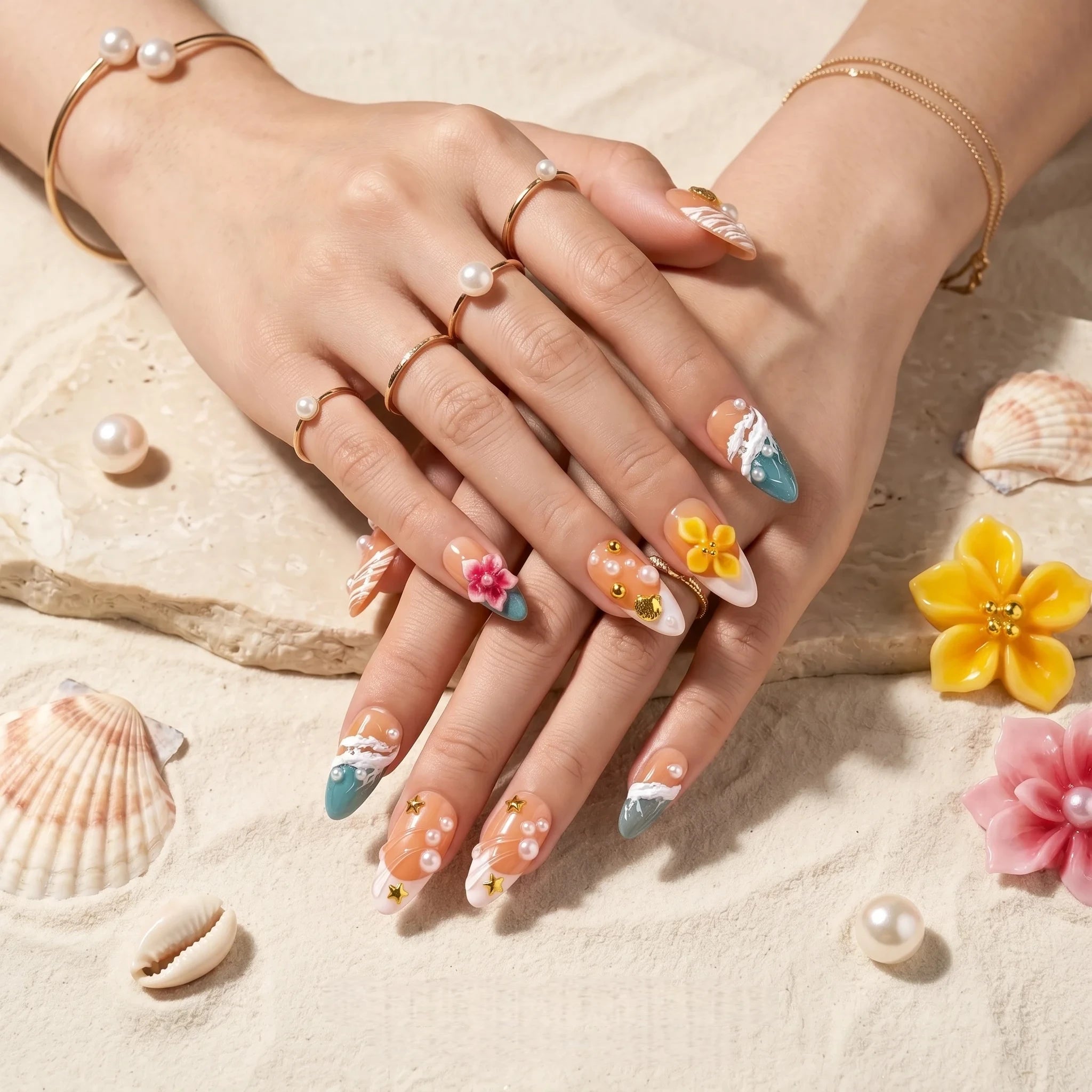 Kentrim Coastal Floral Medium Almond Press On Nails- 10 Pieces (Single Size)