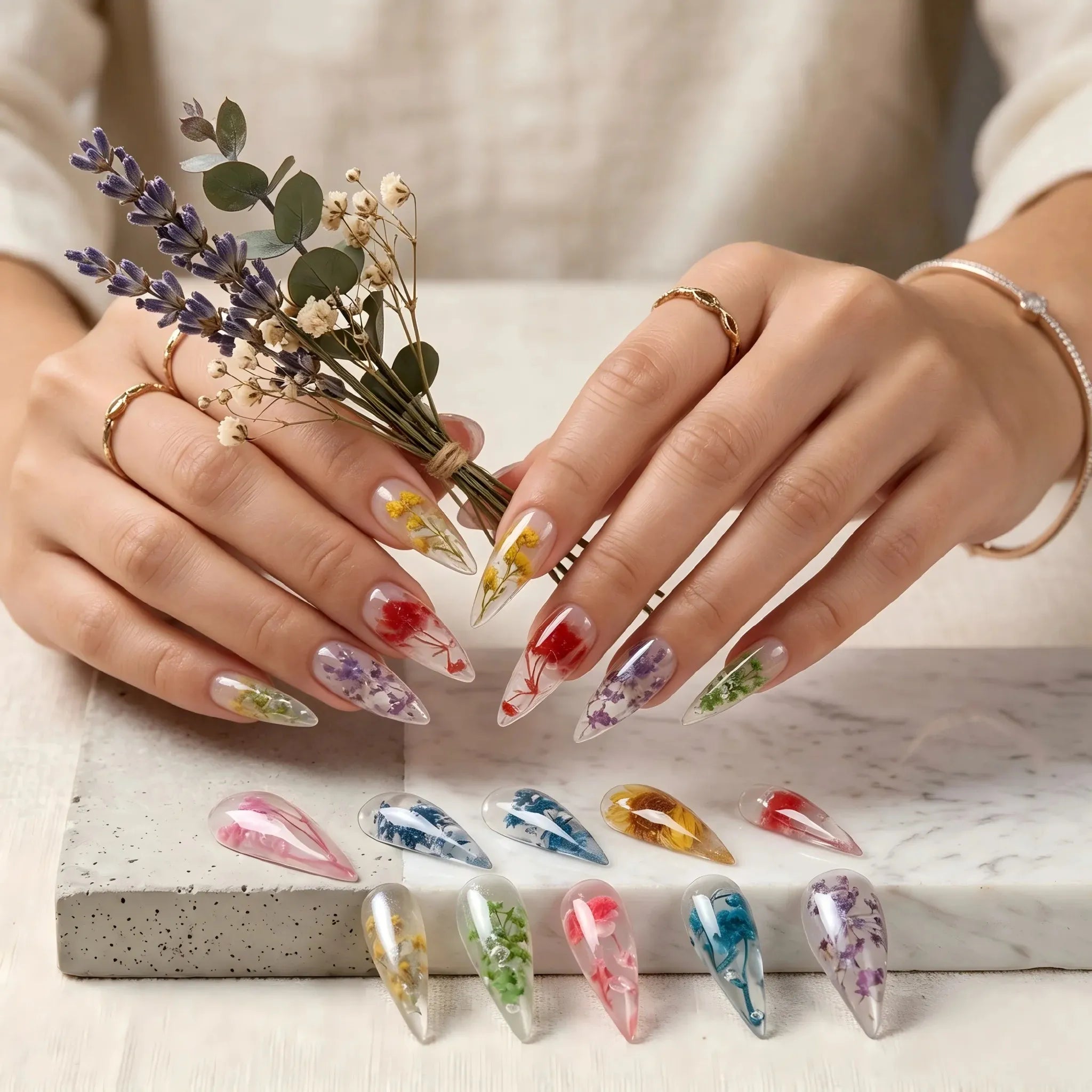Kentrim clear dried flower press-on nails, 10-piece set, natural floral design, easy-to-wear artificial nail extensions Main image