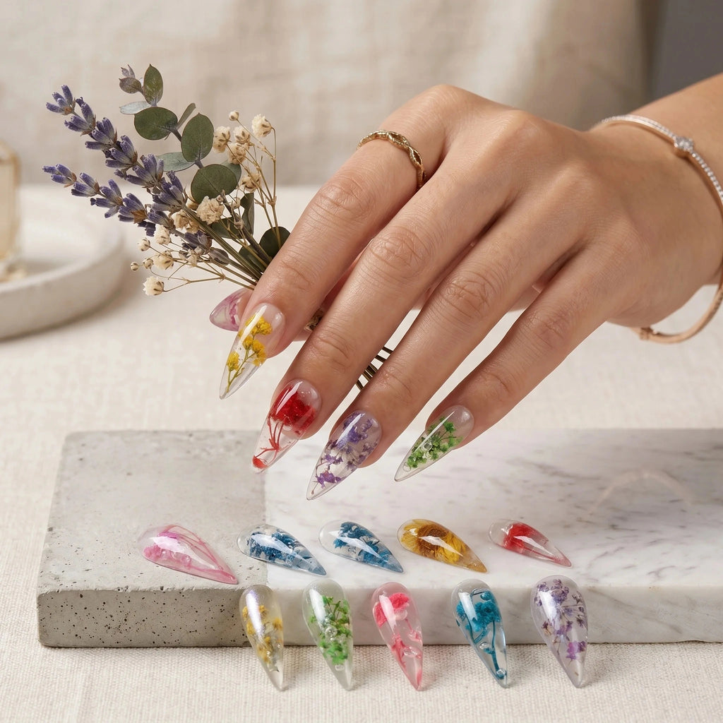 Kentrim Clear Dried Flower Press On Nails- 10 Pieces (Single Size)
