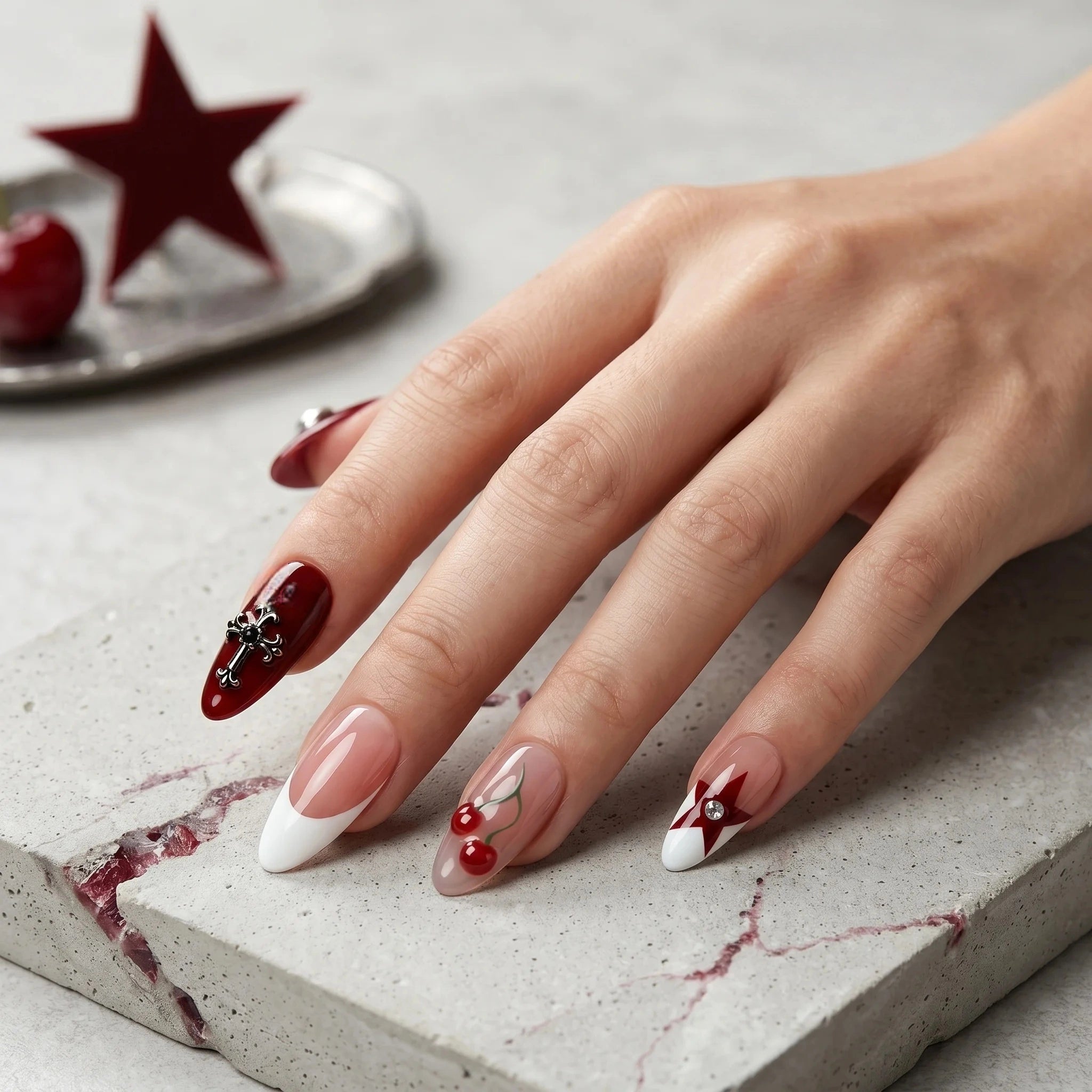 Kentrim Red French & Print Press On Nails - 10 Pieces (Single Size)
