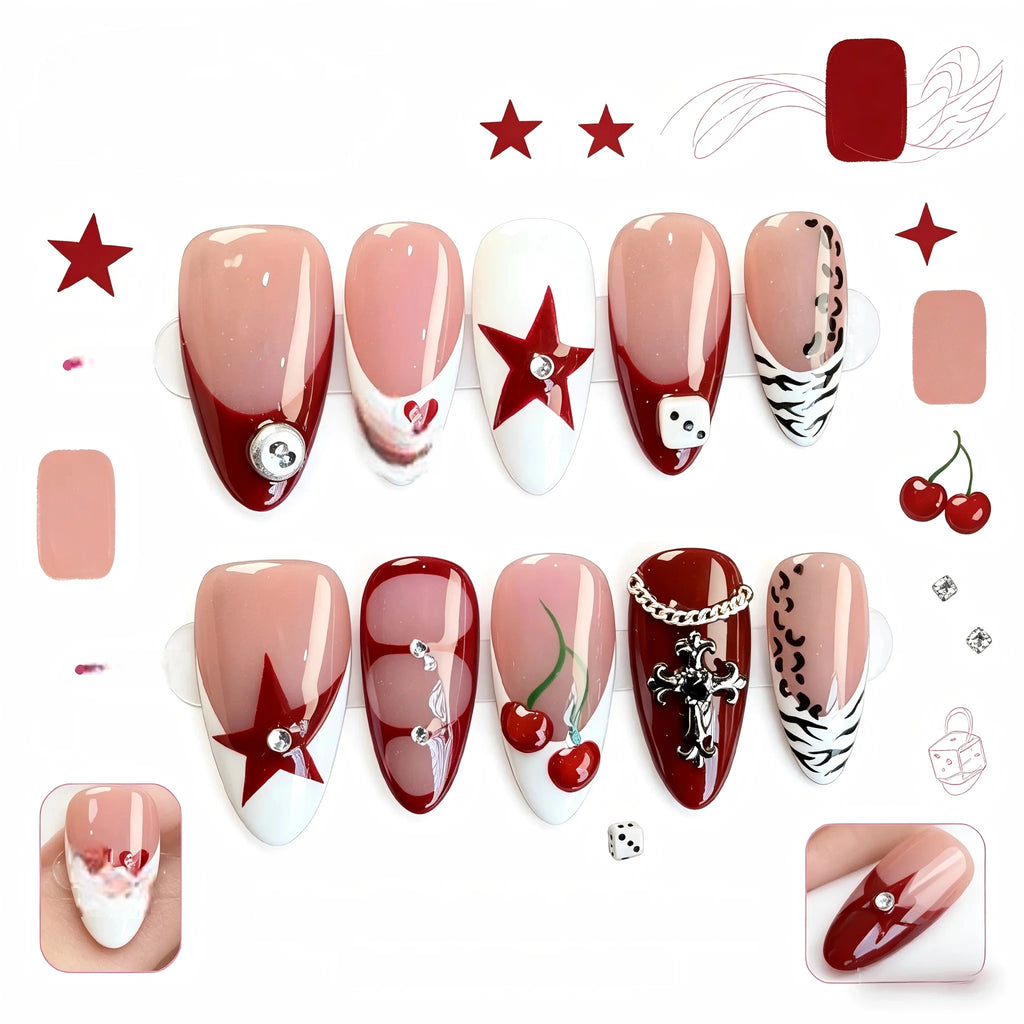 Kentrim Red French & Print Press On Nails - 10 Pieces (Single Size)