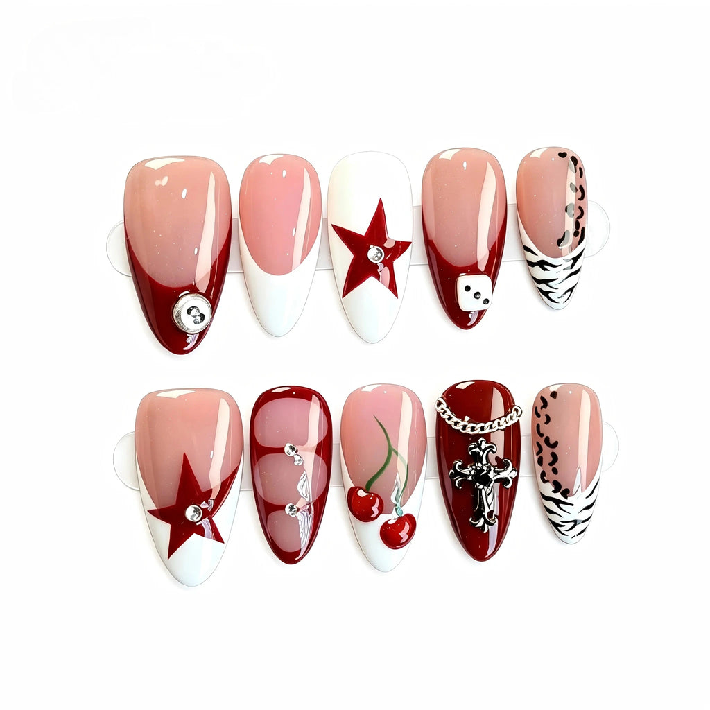 Kentrim Red French & Print Press On Nails - 10 Pieces (Single Size)