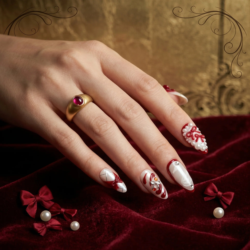 Kentrim Bow & Pearl Press On Nails - 10 Pieces (Single Size)