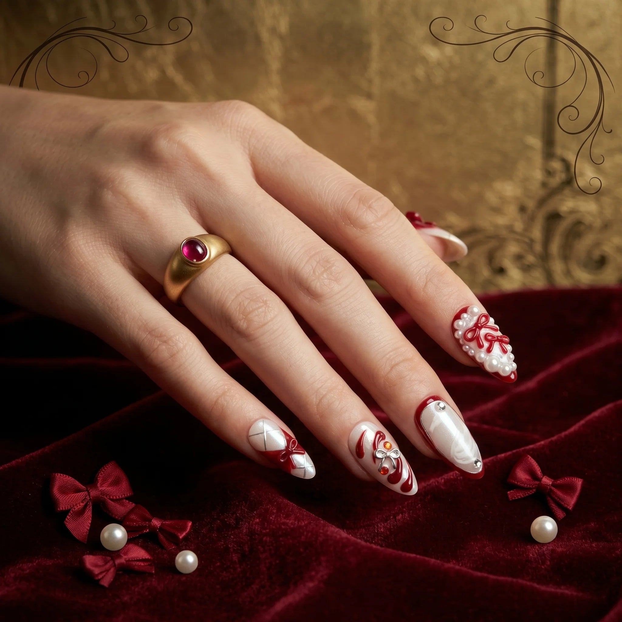 Kentrim Bow & Pearl Press On Nails - 10 Pieces (Single Size)