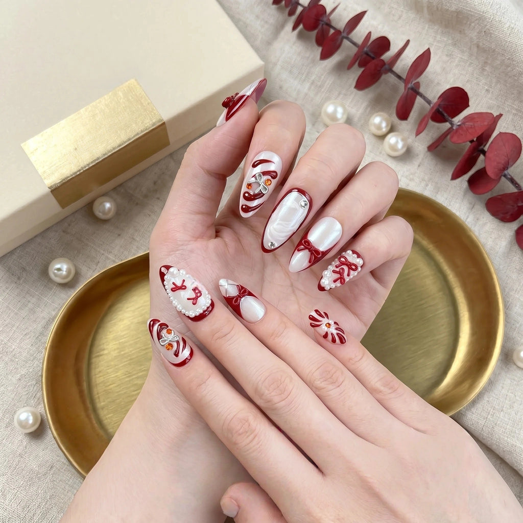 Kentrim Bow & Pearl Press On Nails - 10 Pieces (Single Size)
