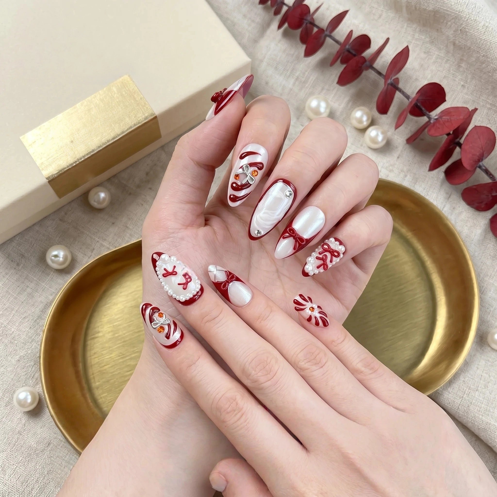 Kentrim Bow & Pearl Press On Nails - 10 Pieces (Single Size)