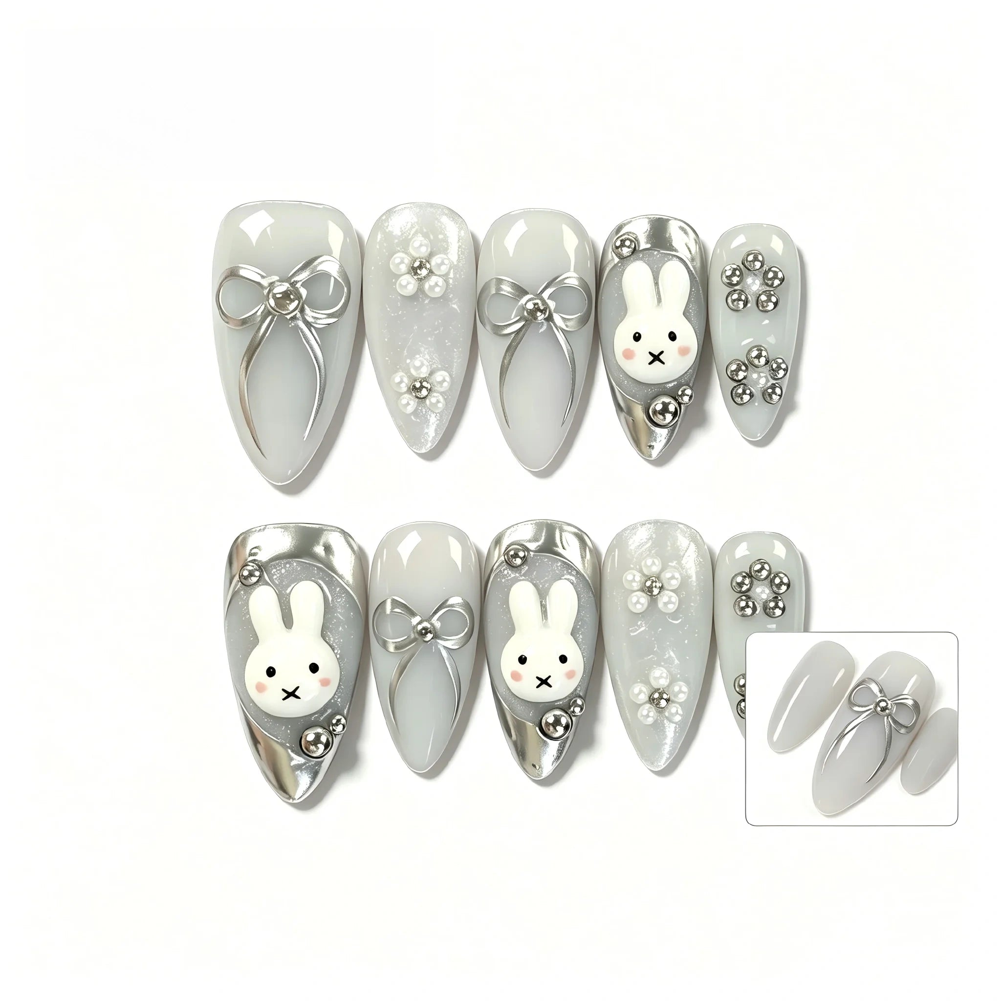Kentrim Bunny & Bow Short Almond Press On Nails - 10 Pieces (Single Size) Main image