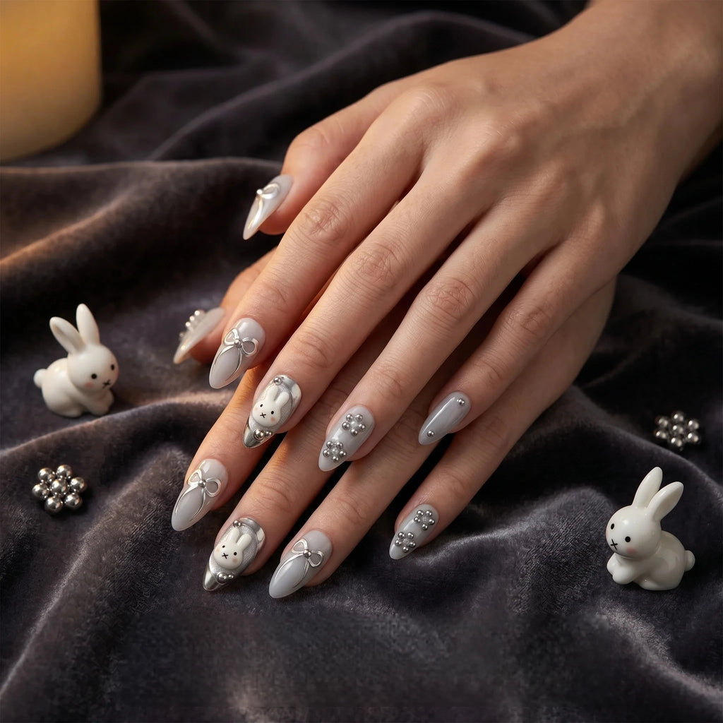 Kentrim Bunny & Bow Short Almond Press On Nails - 10 Pieces (Single Size)