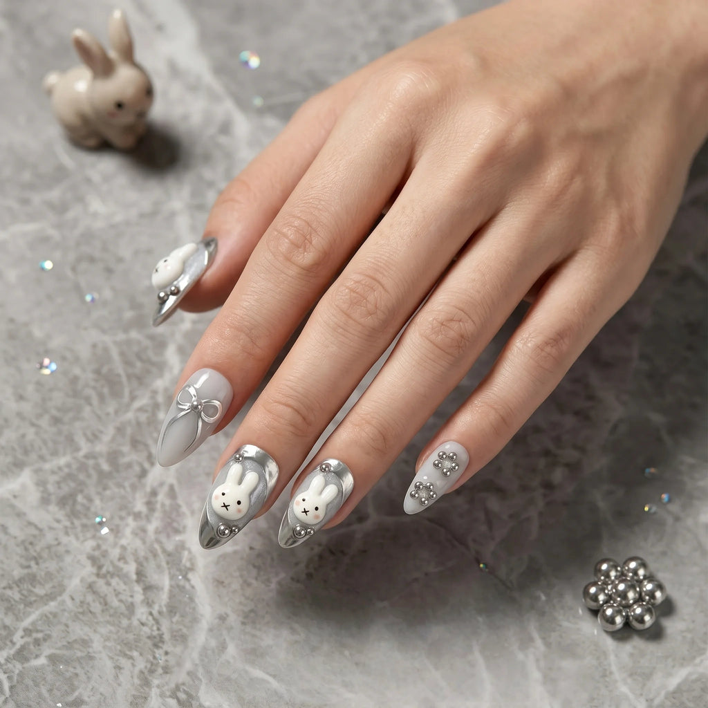 Kentrim Bunny & Bow Short Almond Press On Nails - 10 Pieces (Single Size)