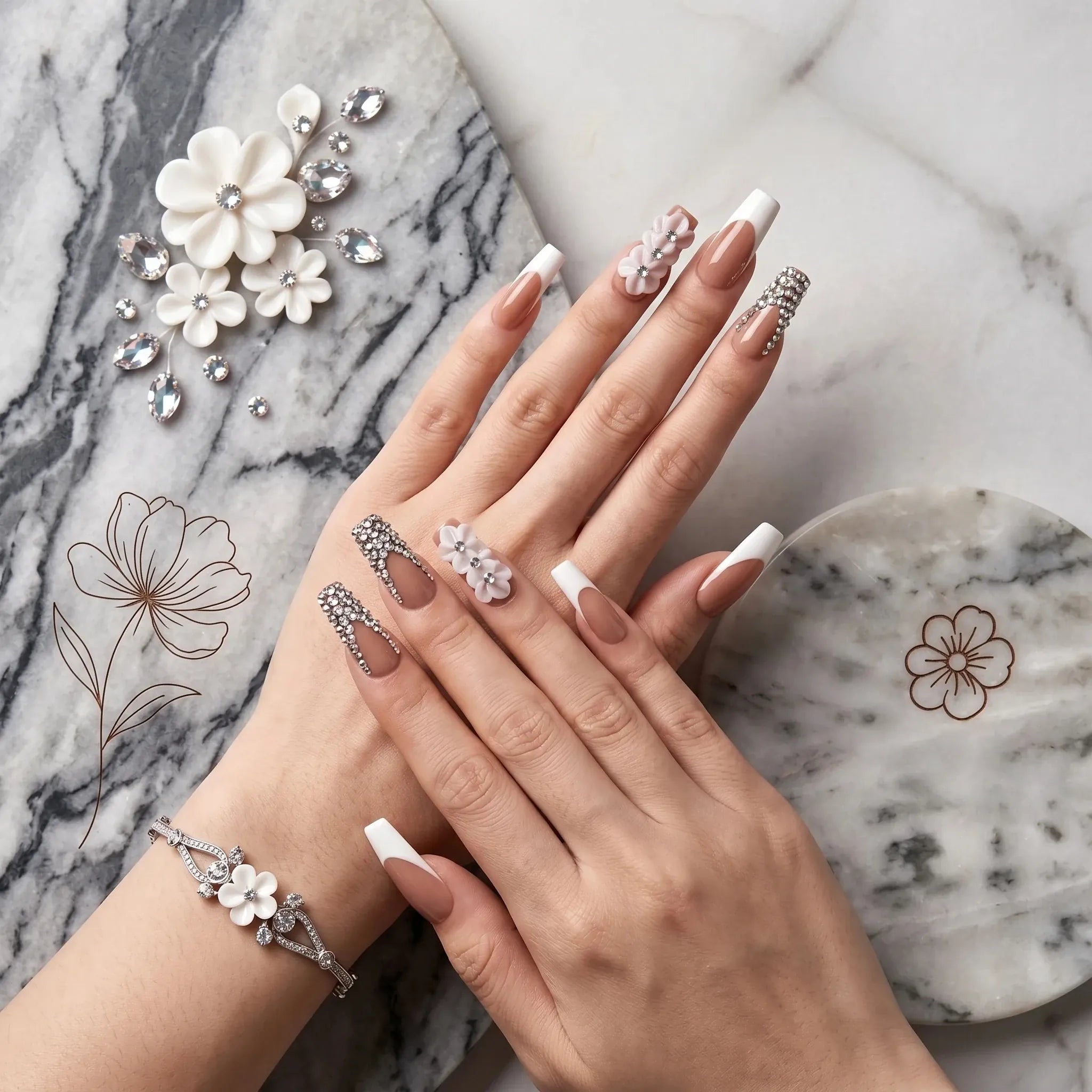 Kentrim floral French long square press-on nails with nude base, white tips, 3D flowers, and rhinestone accents. Main image