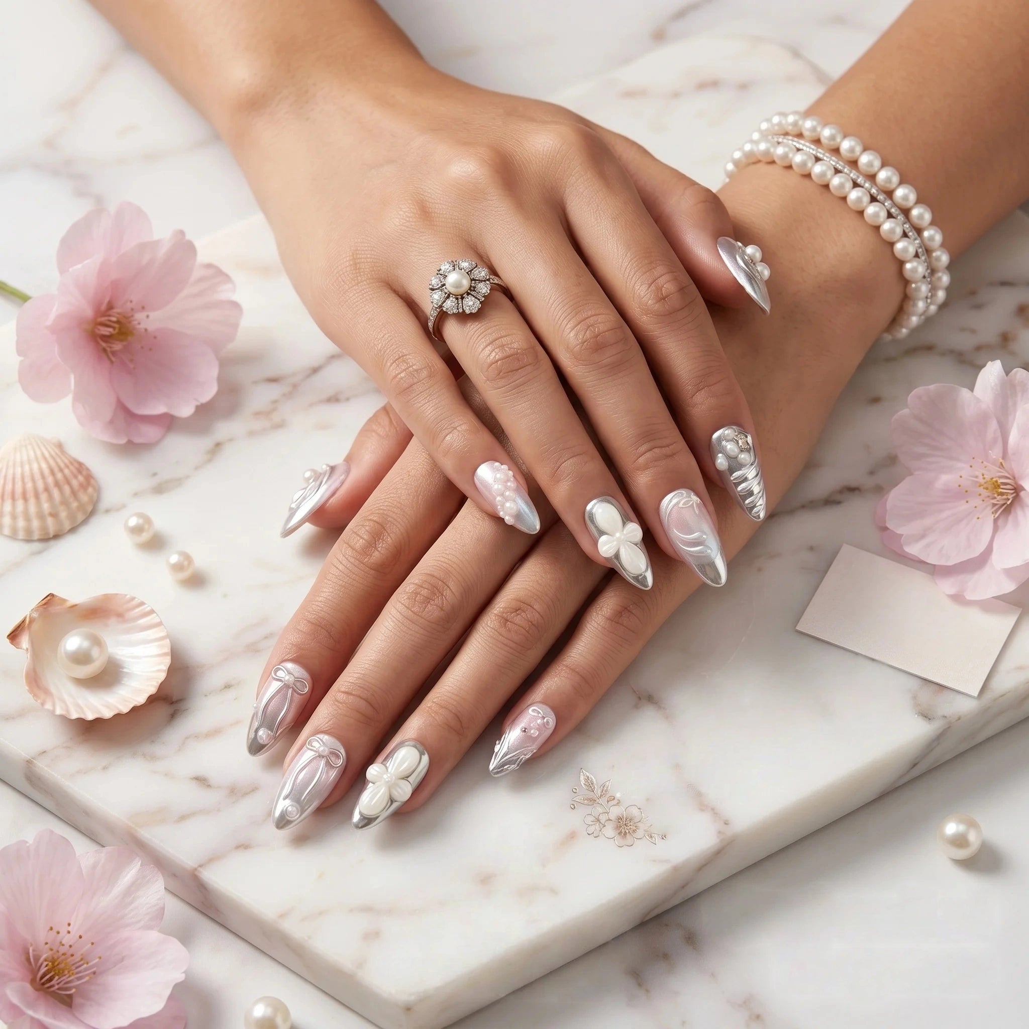 Kentrim Floral Pearlescent Press On Nails - 10 Pieces (Single Size) Secondary image