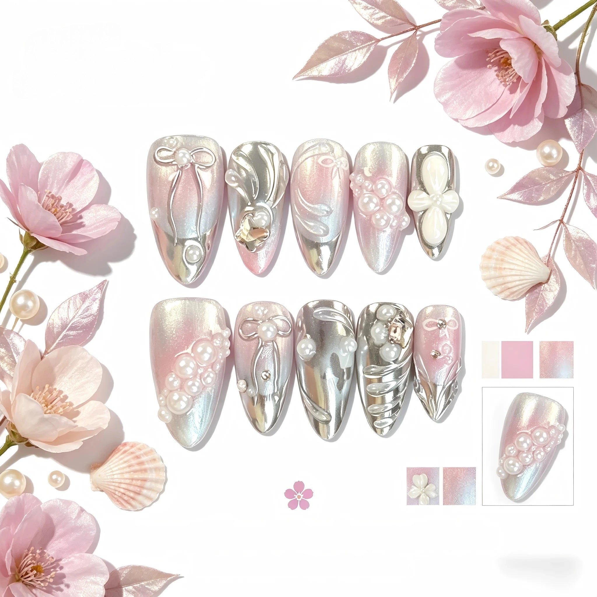 Kentrim Floral Pearlescent Press On Nails - 10 Pieces (Single Size)