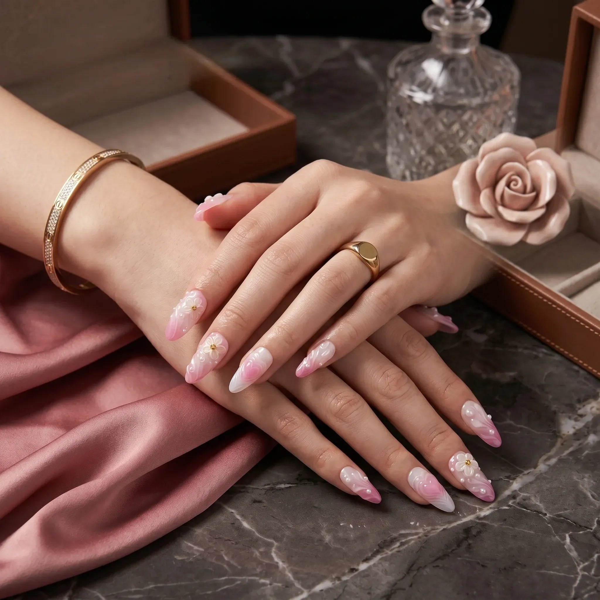 Kentrim floral medium almond press on nails with pink ombre bases, white flowers, heart pearl accents, 10-piece set, single size Main image
