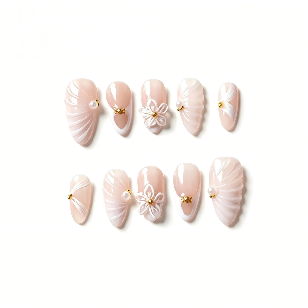 Kentrim Elegant Floral & Shell Medium Almond Press On Nails- 10 Pieces (Single Size)