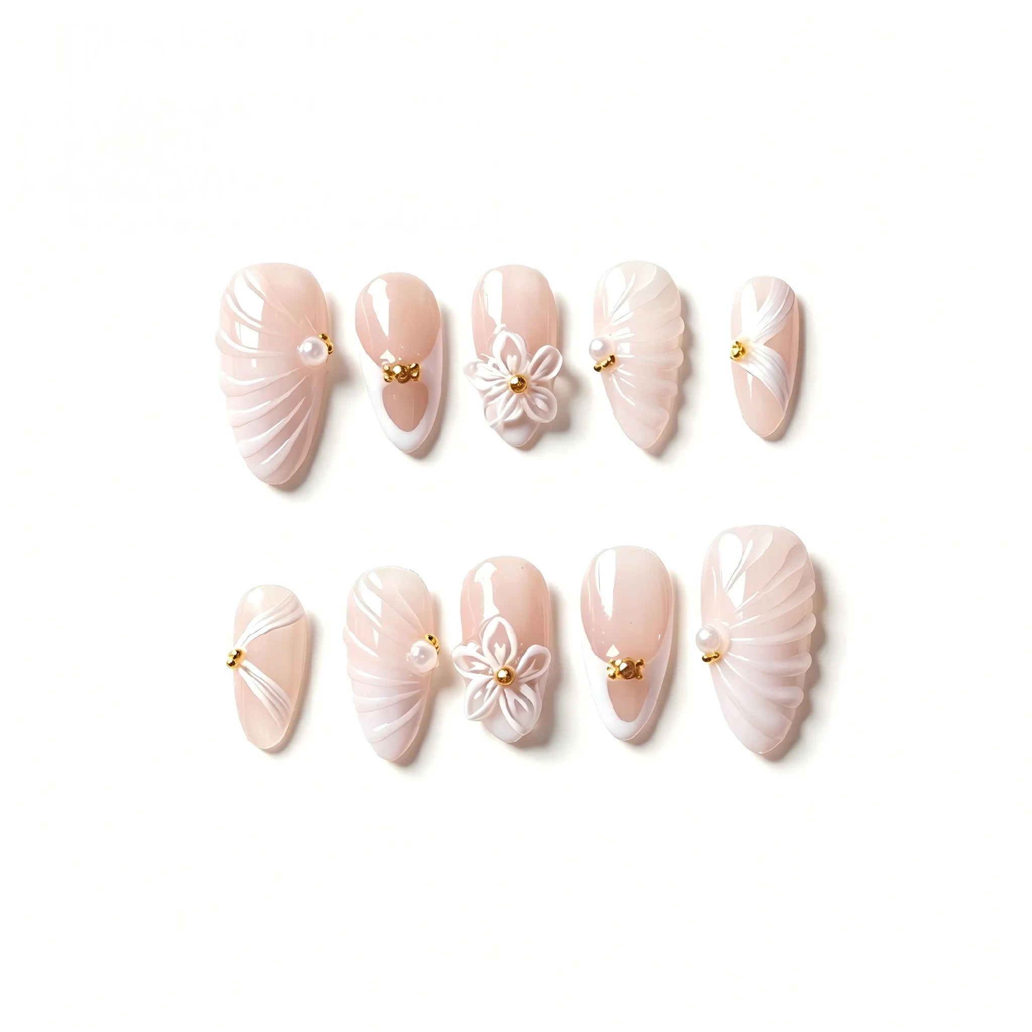 Kentrim Elegant Floral & Shell Medium Almond Press On Nails- 10 Pieces (Single Size) Main image