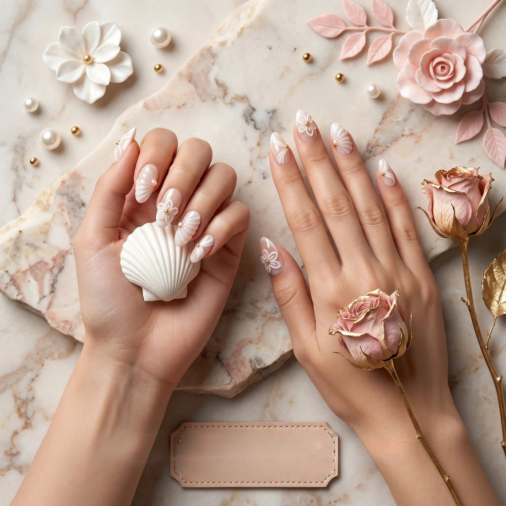 Kentrim Elegant Floral & Shell Medium Almond Press On Nails- 10 Pieces (Single Size)