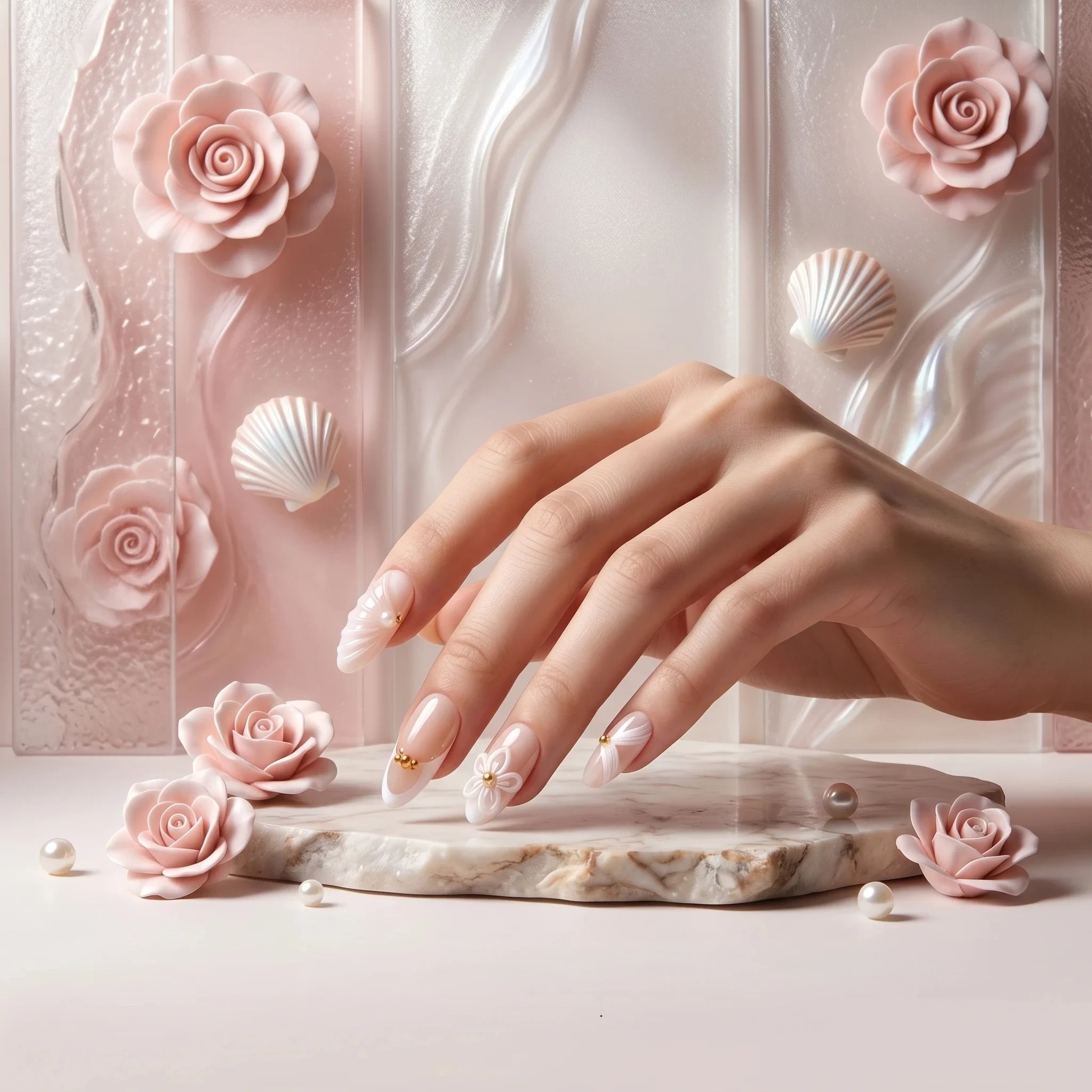 Kentrim Elegant Floral & Shell Medium Almond Press On Nails- 10 Pieces (Single Size)