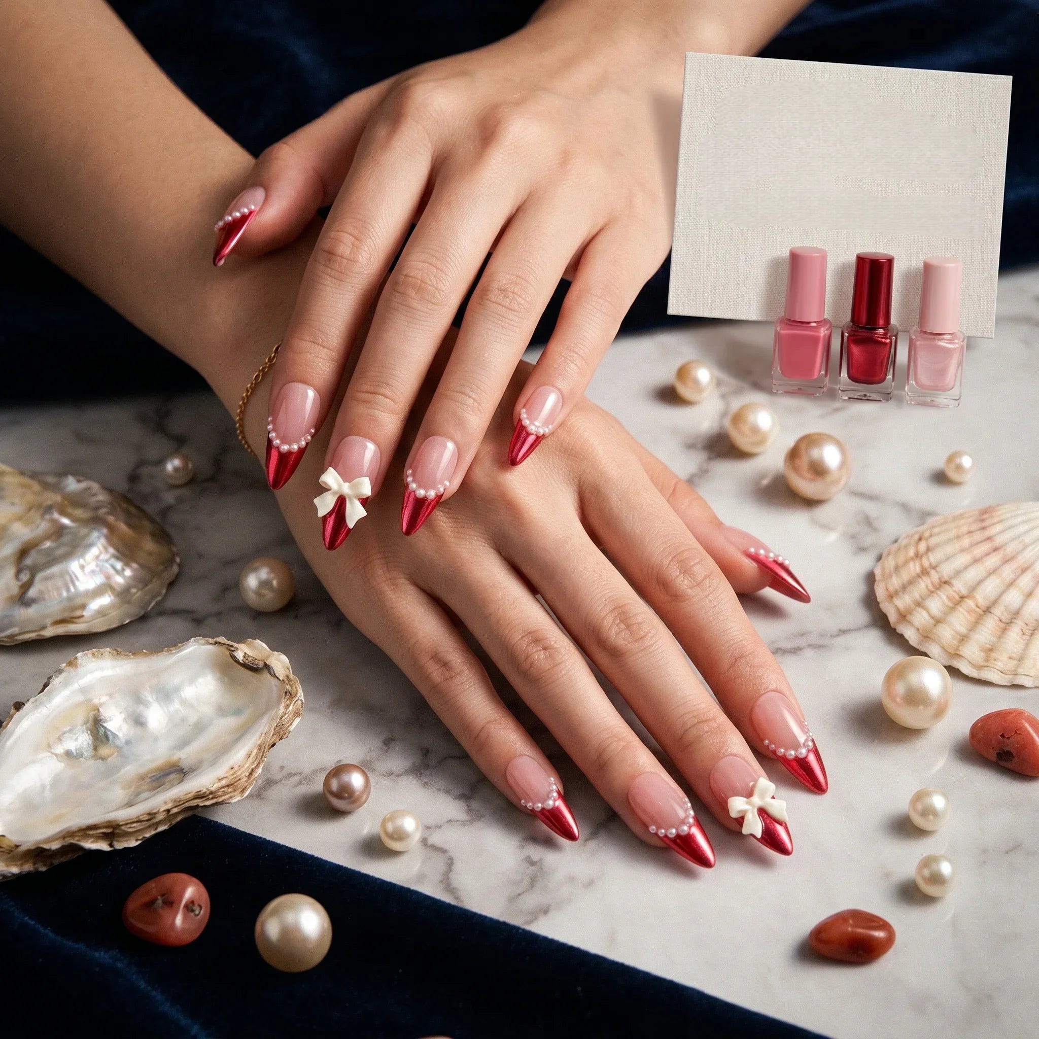 Kentrim Bow & Pearl Long Stiletto Press On Nails - 10 Pieces (Single Size)