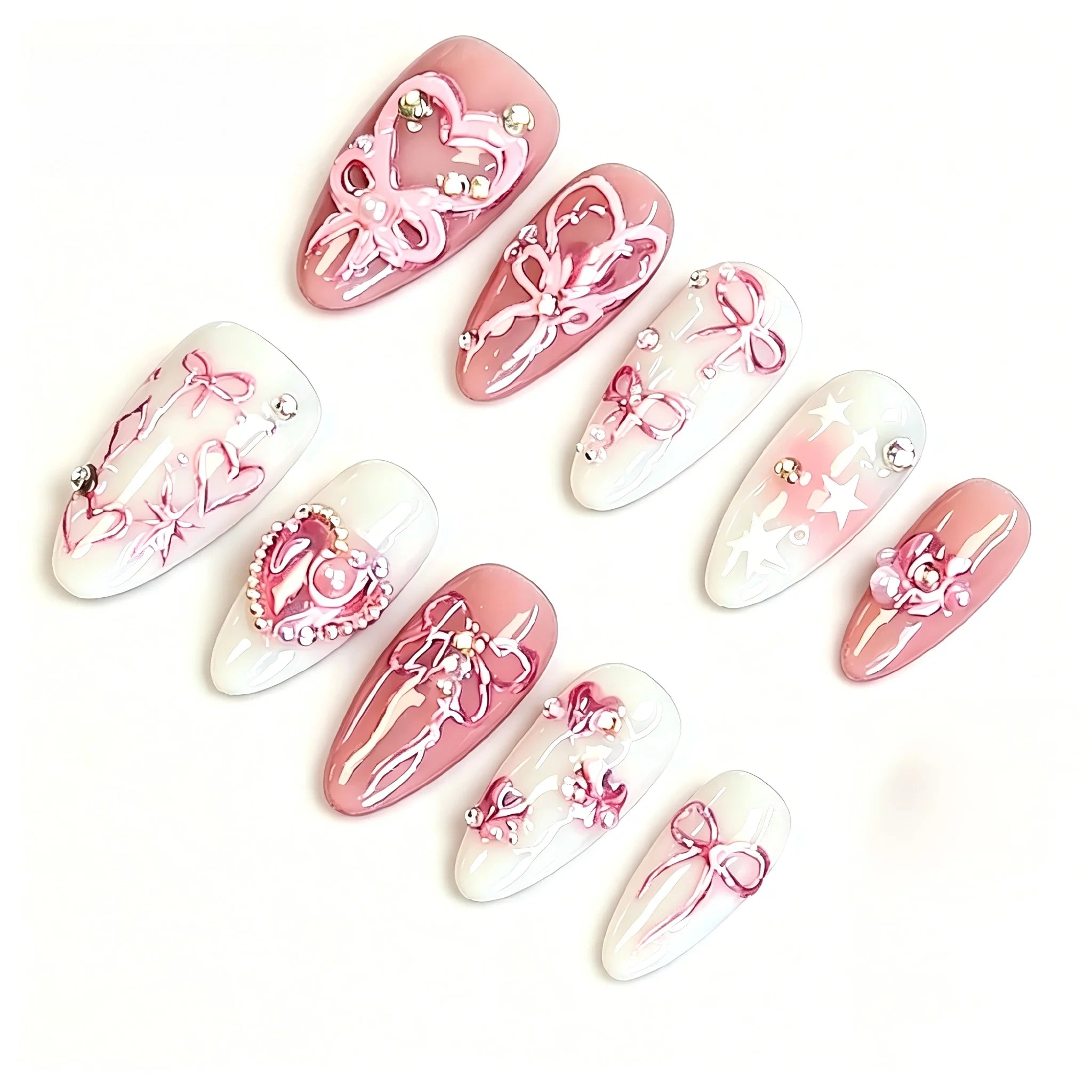 Kentrim Ribbon & Gem Short Almond Press On Nails - 10 Pieces (Single Size) Main image