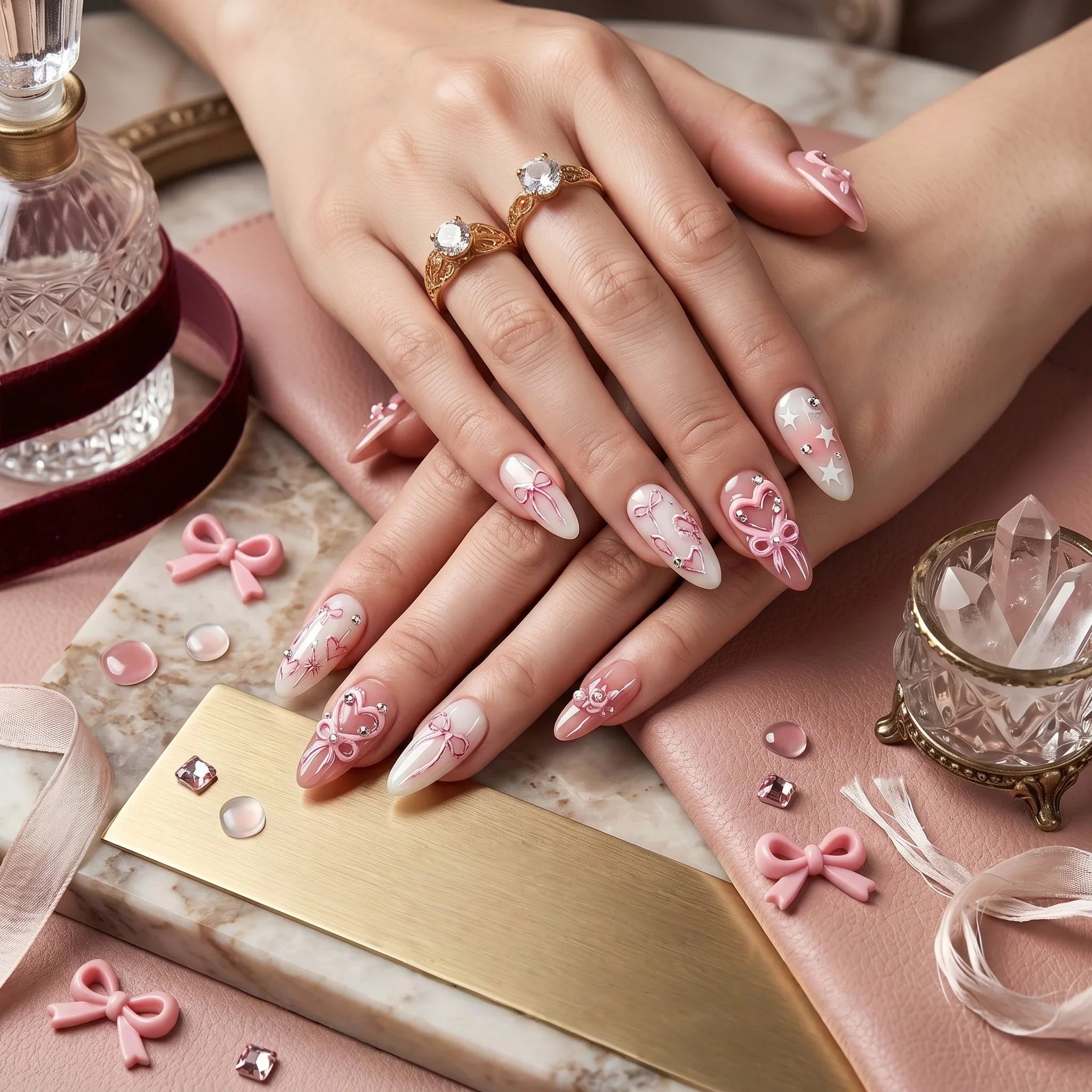 Kentrim Ribbon & Gem Short Almond Press On Nails - 10 Pieces (Single Size)