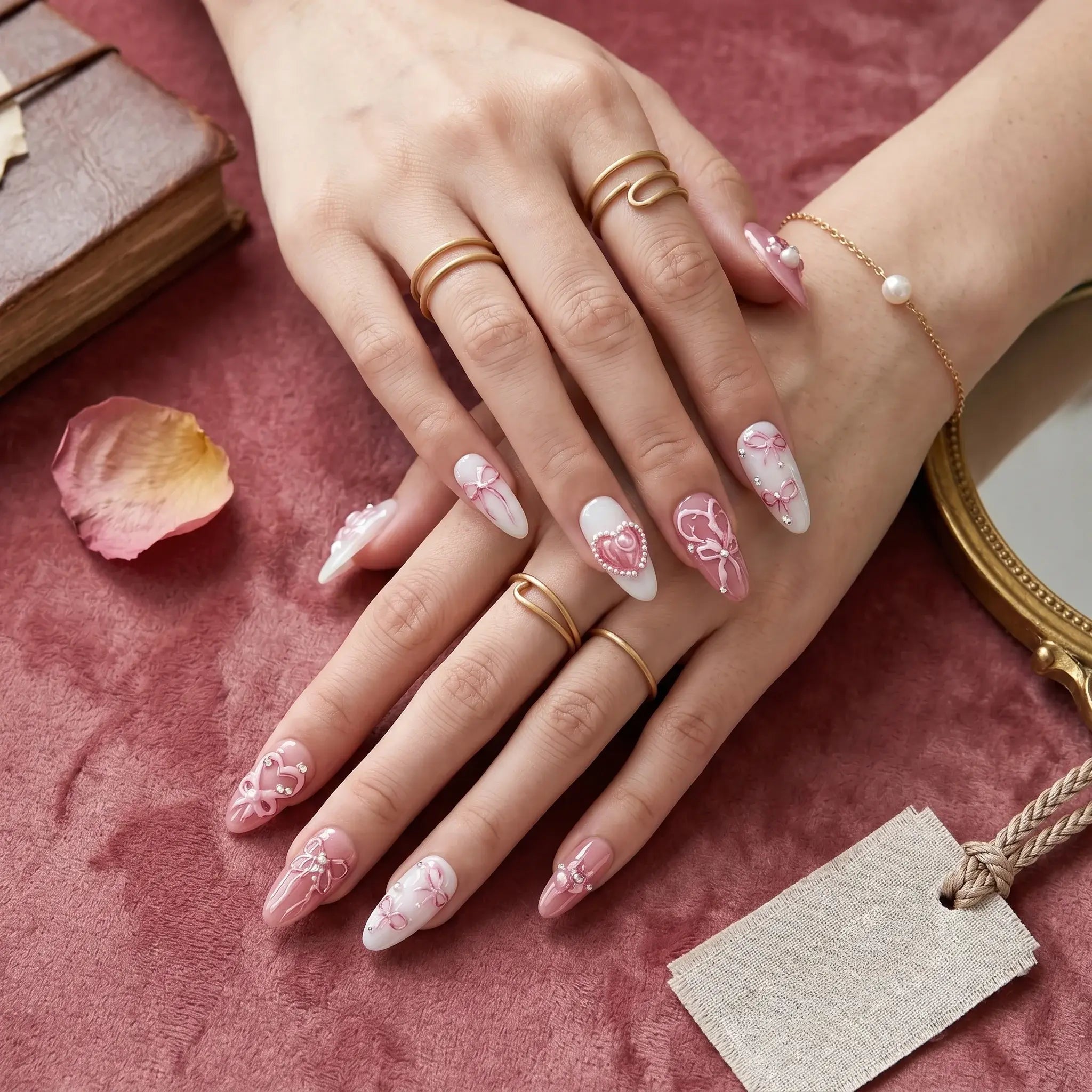 Kentrim Ribbon & Gem Short Almond Press On Nails - 10 Pieces (Single Size)