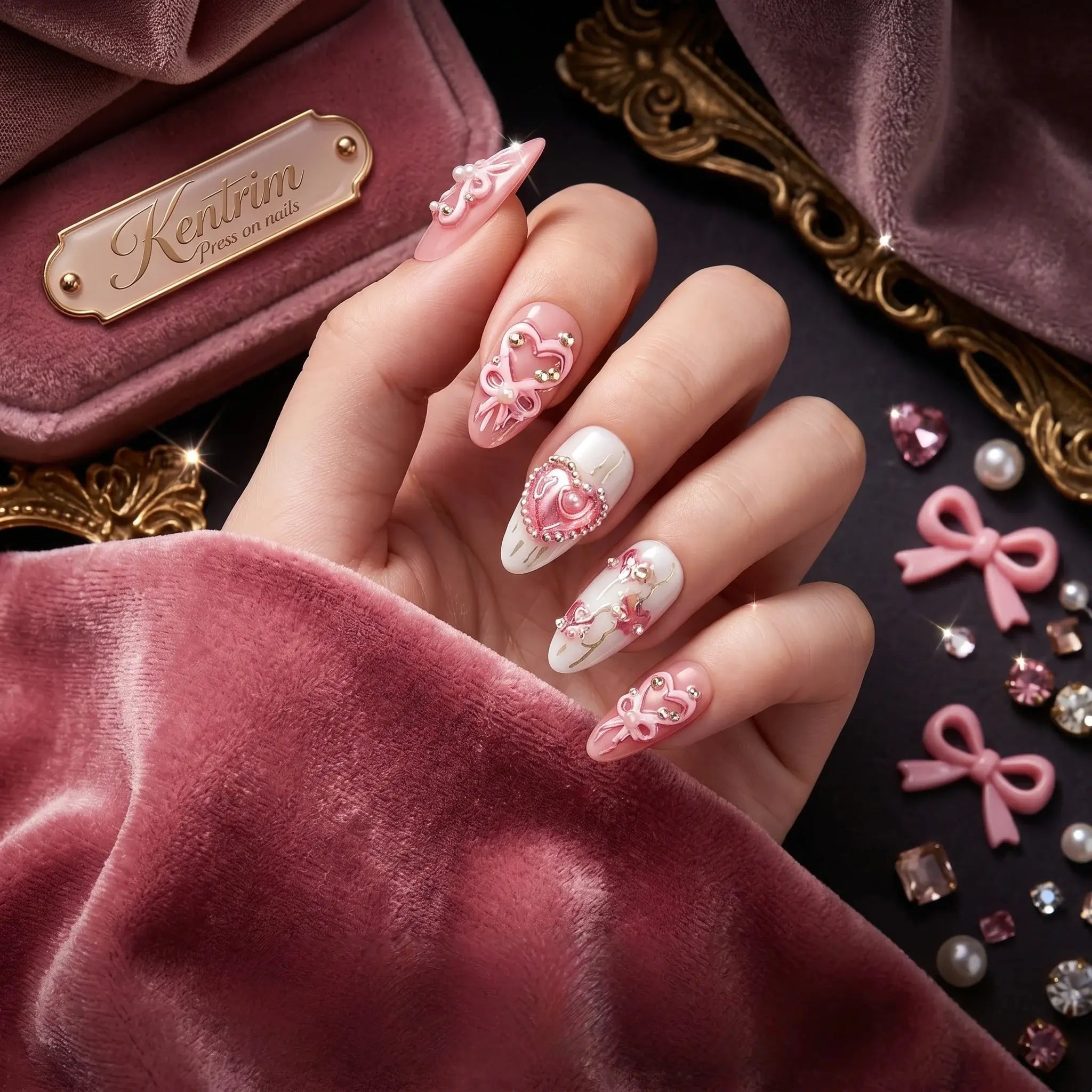 Kentrim Ribbon & Gem Short Almond Press On Nails - 10 Pieces (Single Size)