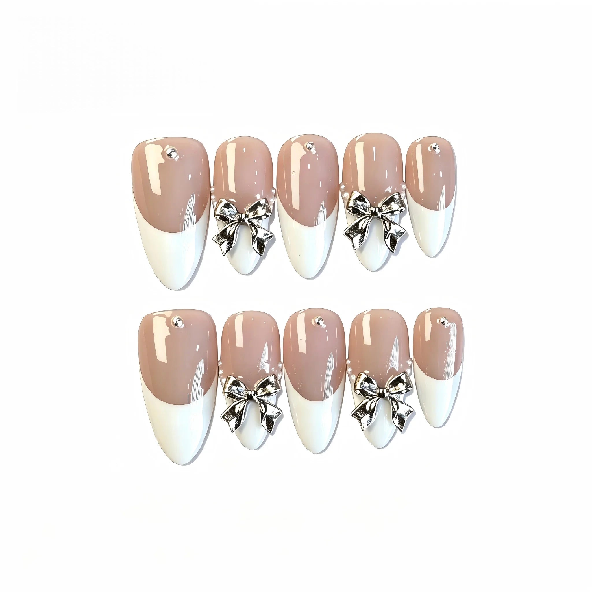 Kentrim Silver Bow French Tip Short Almond Press On Nails - 10 Pieces (Single Size) Main image