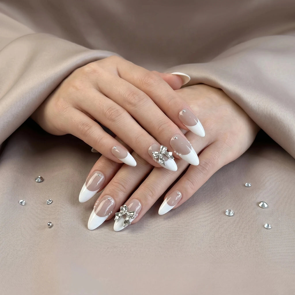 Kentrim Silver Bow French Tip Short Almond Press On Nails - 10 Pieces (Single Size)