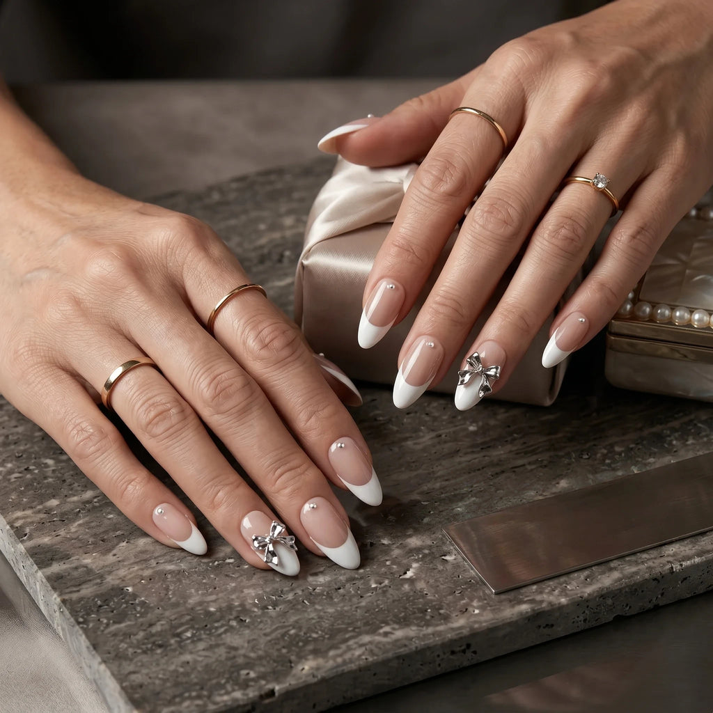 Kentrim Silver Bow French Tip Short Almond Press On Nails - 10 Pieces (Single Size)