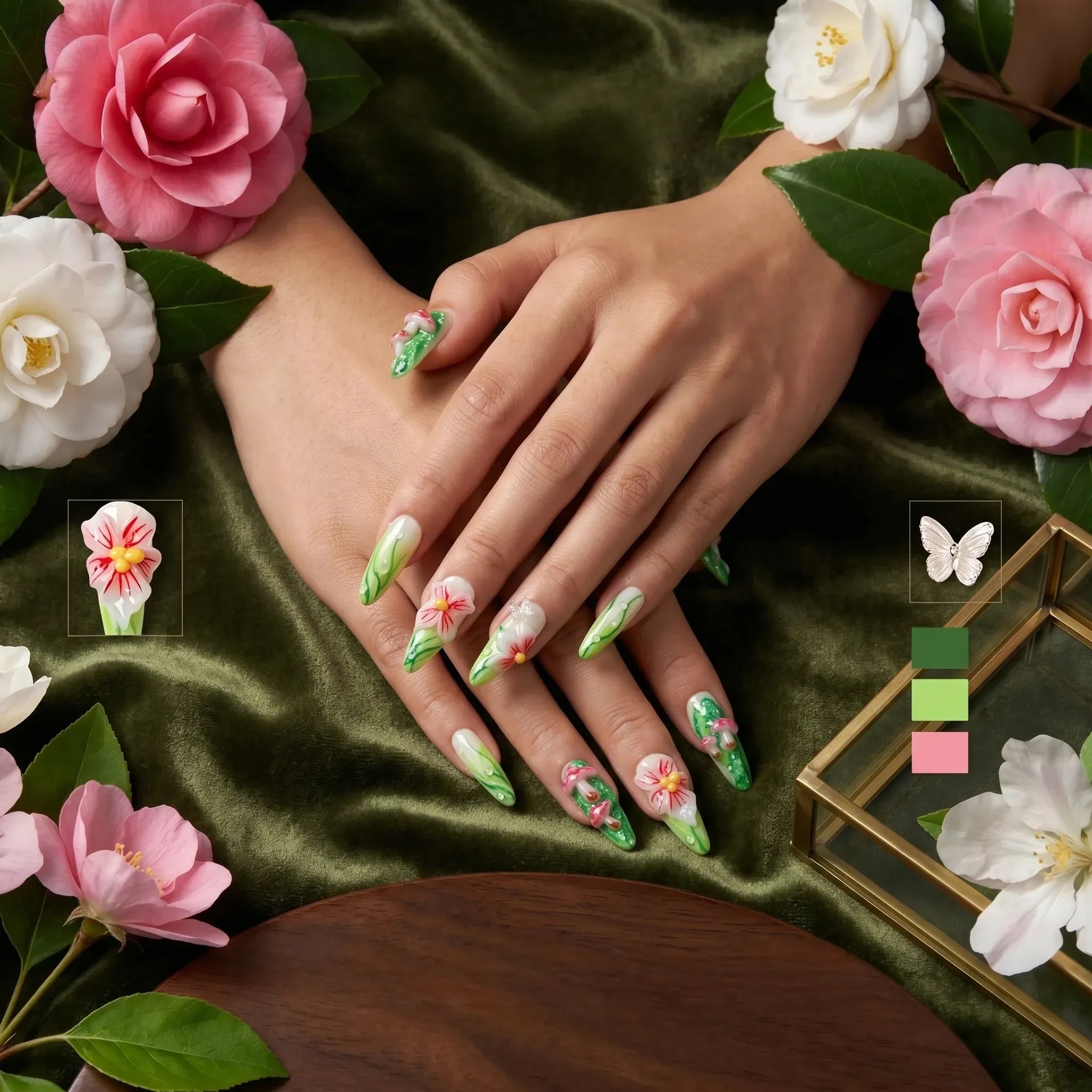 Kentrim garden long stiletto press-on nails with green and white base, 3D flower and mushroom design, set of 10 fake nails Main image