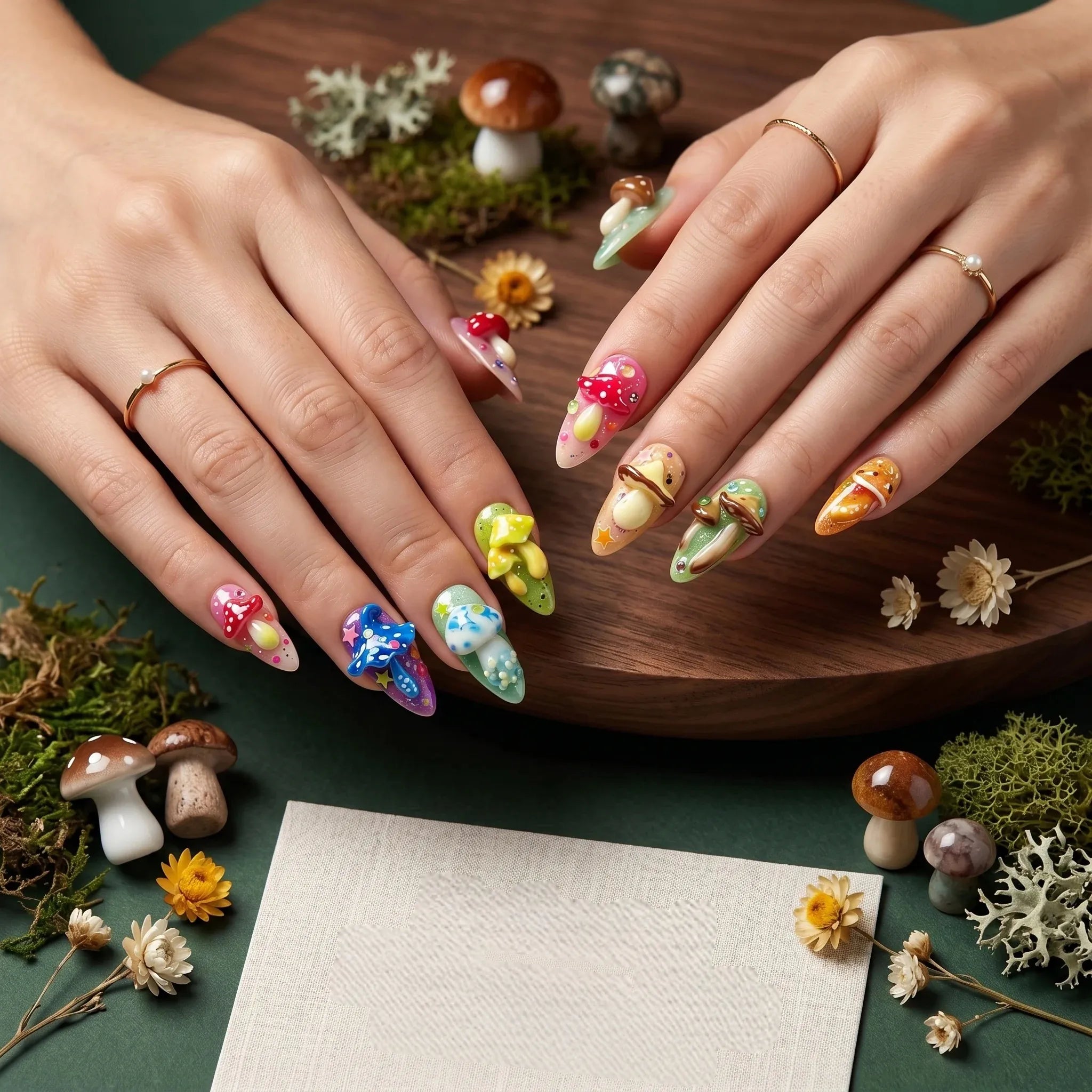 Kentrim mushroom press-on nails with almond shape, 3D whimsical mushroom and star accents, reusable false nails for women, 10 pieces Main image