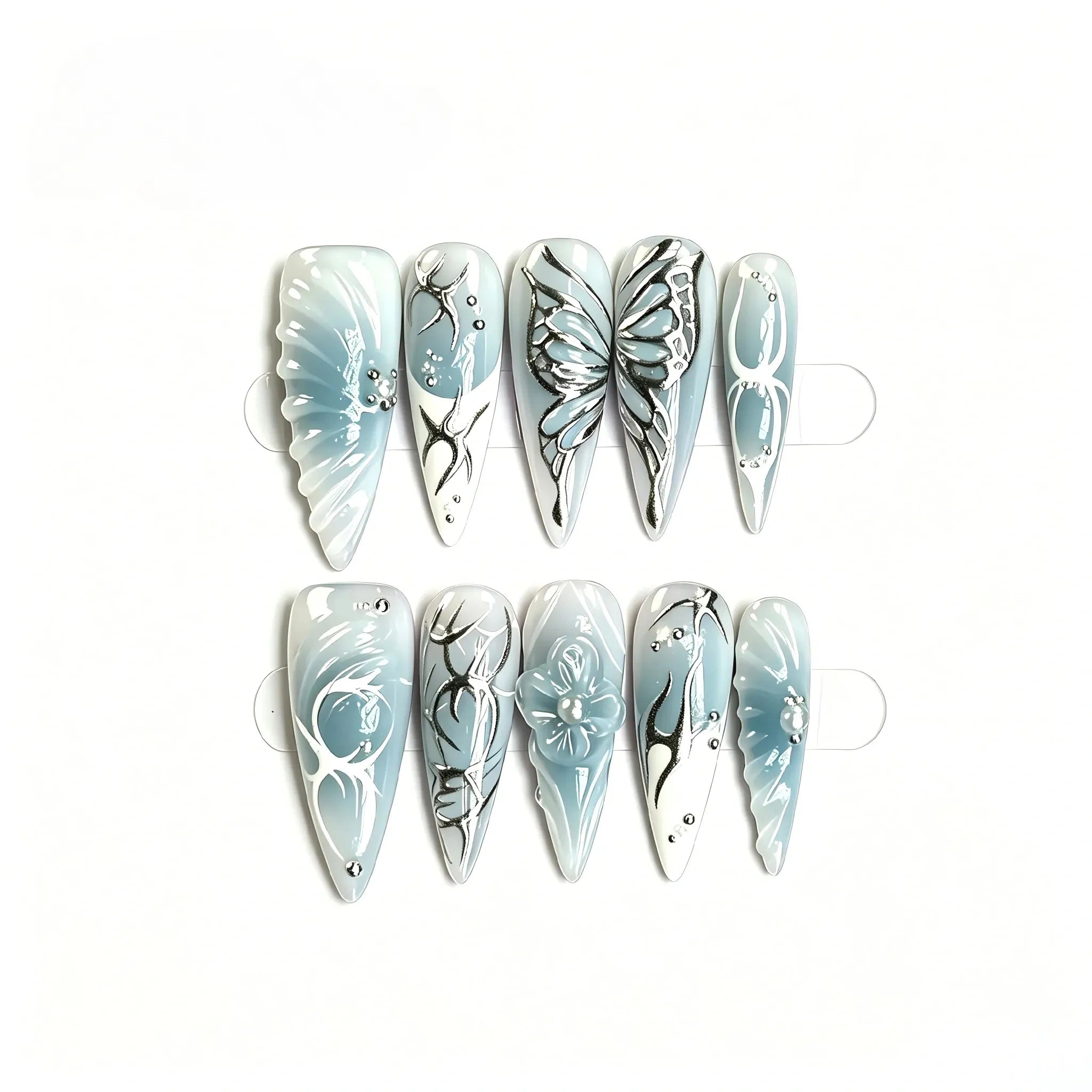 Blue Press On Nails – 3D Flower & Butterfly Stiletto Design 10 Pieces (Single Size) Secondary image
