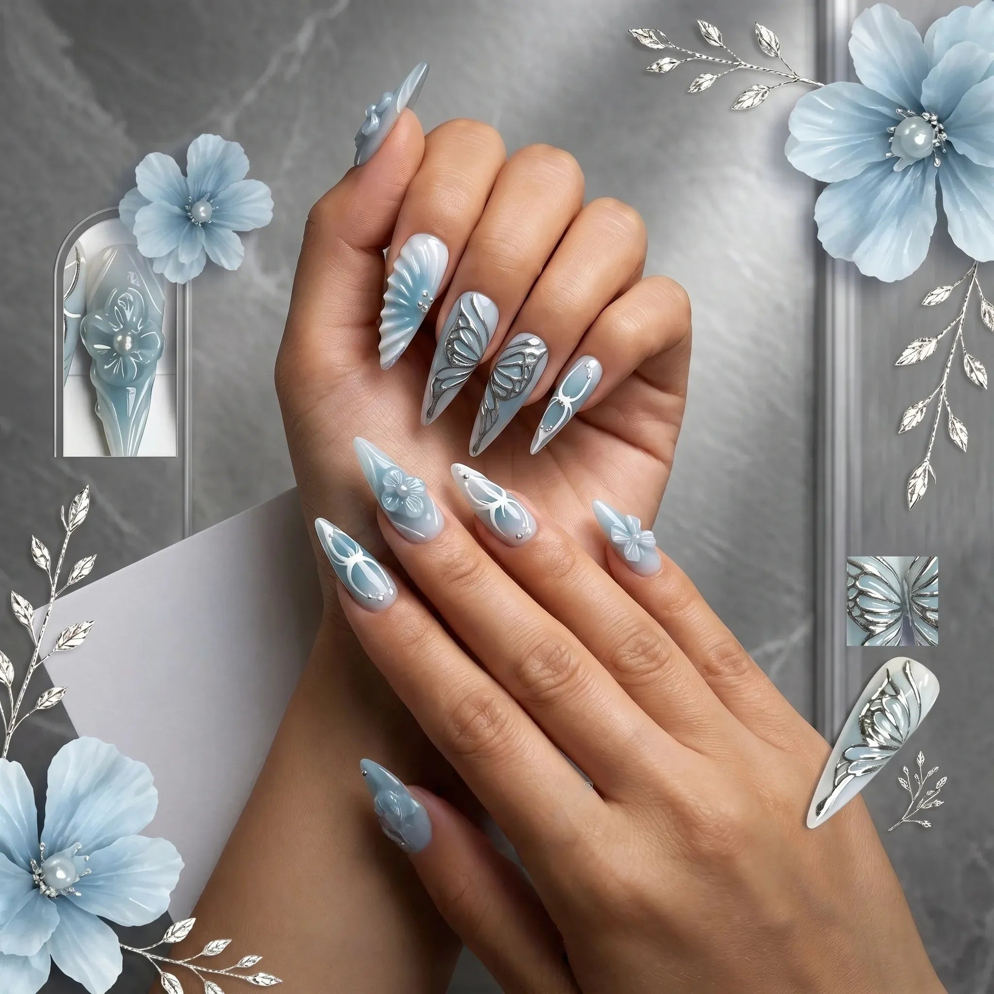 Kentrim blue stiletto press on nails set with 10 light blue fake nails, 3D flower and butterfly accents, reusable false nails for women Main image